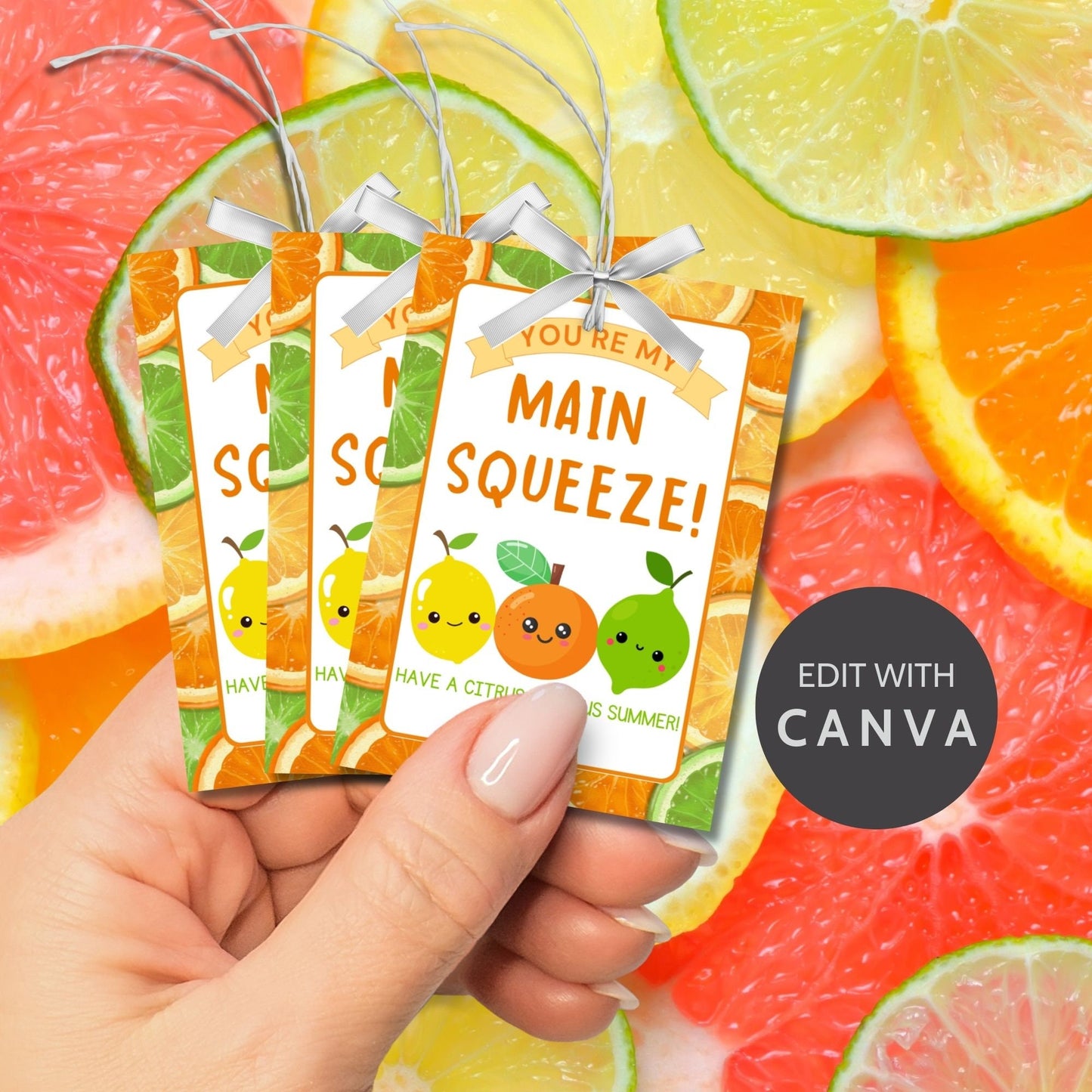 Playful summer gift tags with cute citrus fruits saying Youre My Main Squeeze! Have a Citrus-licious Summer! Personalize with names.