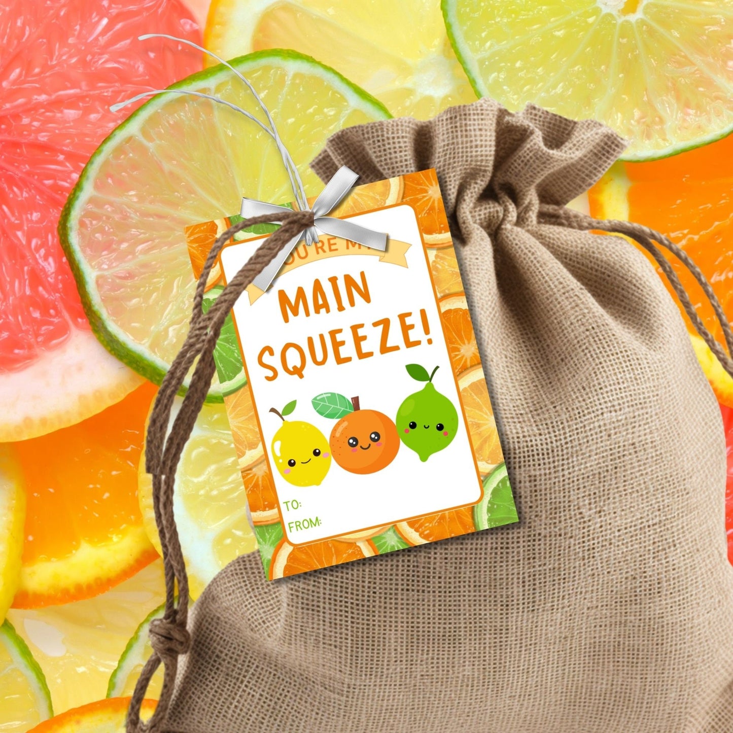 Playful summer gift tags with cute citrus fruits saying Youre My Main Squeeze! Have a Citrus-licious Summer! Personalize with names.