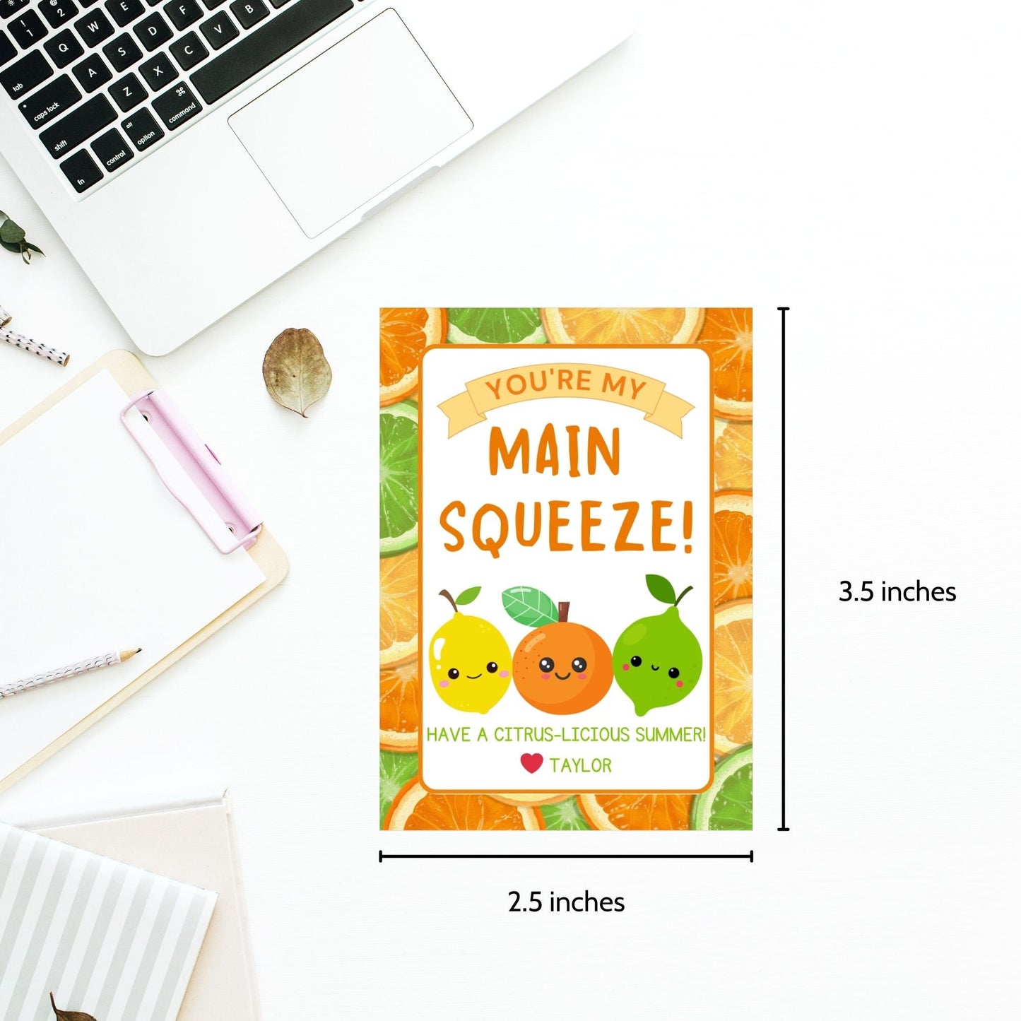 Playful summer gift tags with cute citrus fruits saying Youre My Main Squeeze! Have a Citrus-licious Summer! Personalize with names.