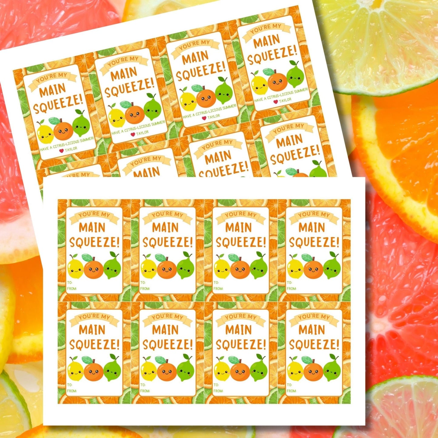 Playful summer gift tags with cute citrus fruits saying Youre My Main Squeeze! Have a Citrus-licious Summer! Personalize with names.