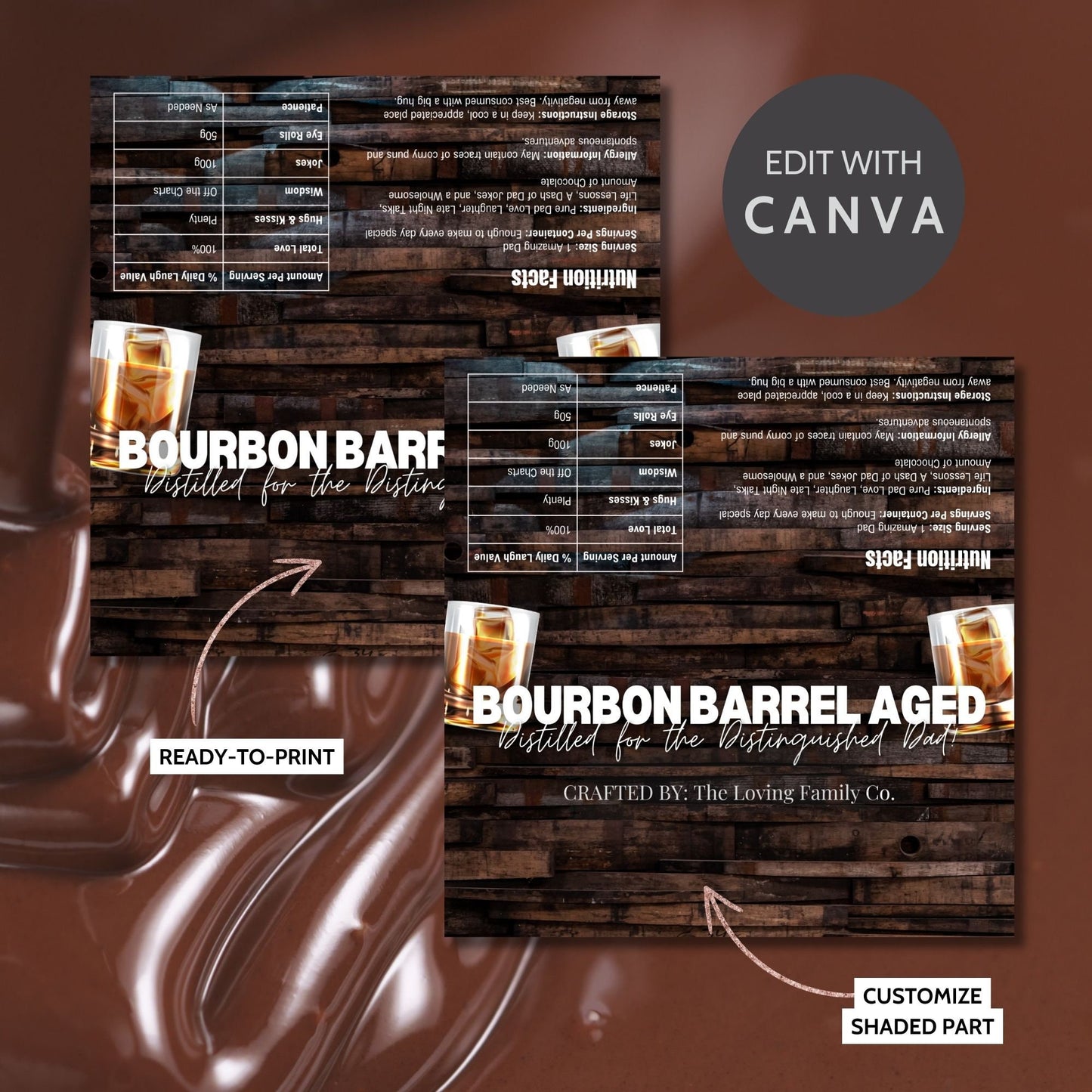 Image of a printable Fathers Day chocolate bar wrapper themed with a bourbon barrel background and a glass of bourbon, titled BOURBON BARREL AGED.