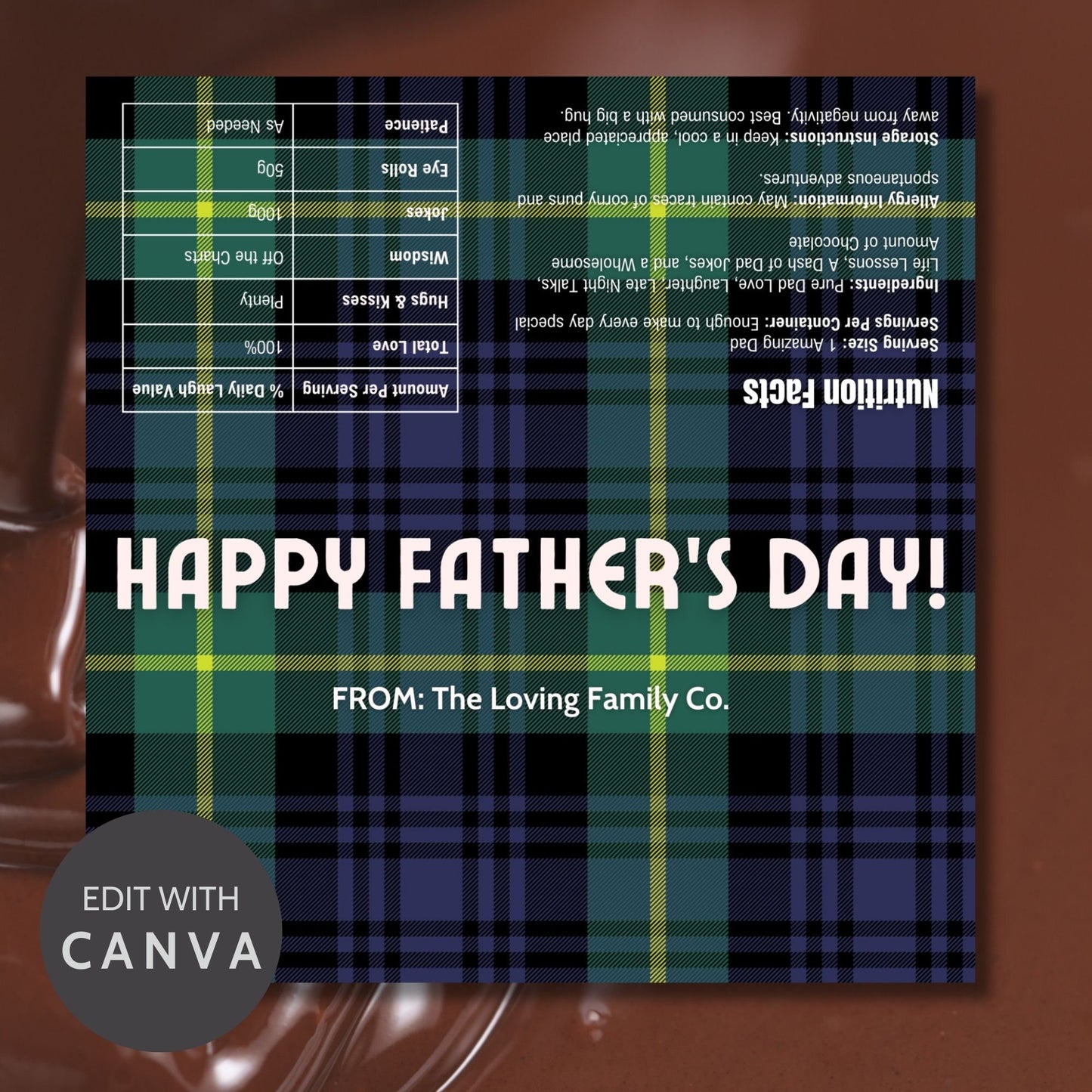 Image of a printable Fathers Day chocolate bar wrapper in a classic navy and green plaid design with the text HAPPY FATHERS DAY! on the front.