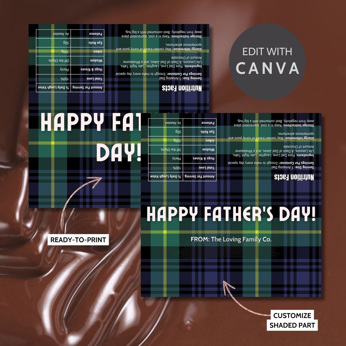 Image of a printable Fathers Day chocolate bar wrapper in a classic navy and green plaid design with the text HAPPY FATHERS DAY! on the front.