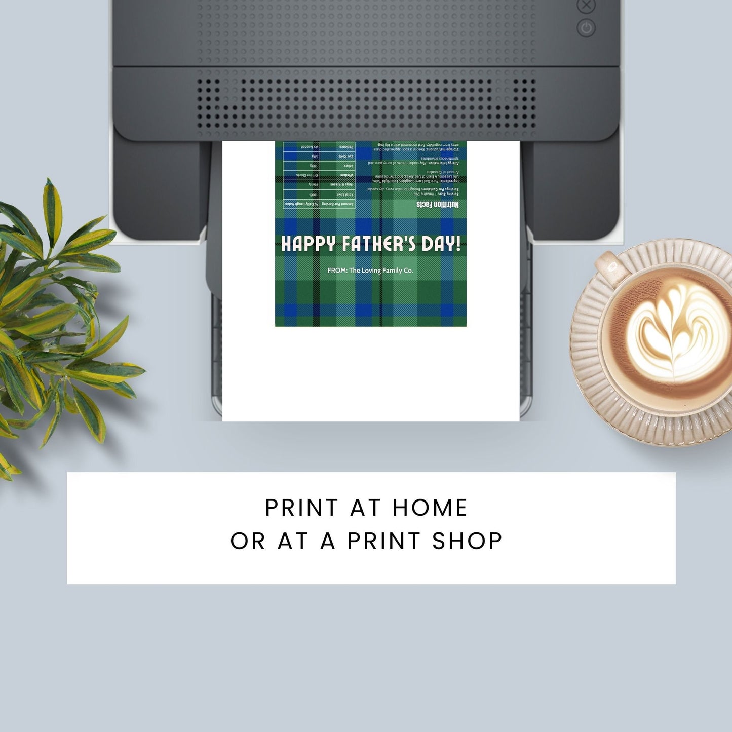 Image of a printable Father's Day chocolate bar wrapper featuring a classic blue and green plaid design with the greeting "HAPPY FATHER'S DAY!" prominently displayed.