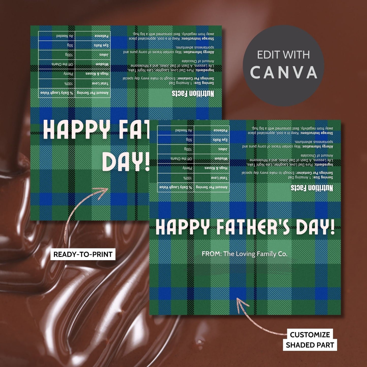 Image of a printable Father's Day chocolate bar wrapper featuring a classic blue and green plaid design with the greeting "HAPPY FATHER'S DAY!" prominently displayed.