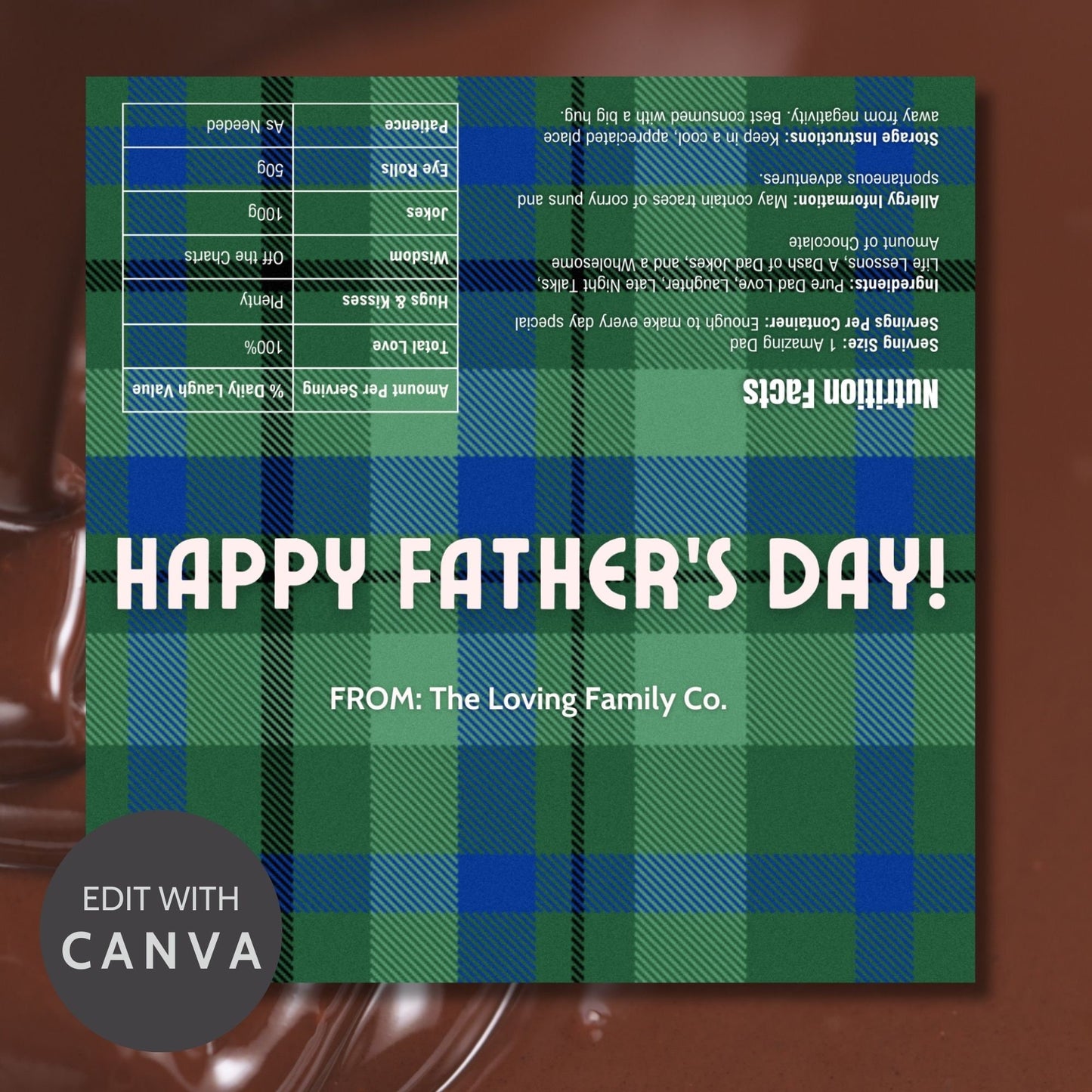 Image of a printable Father's Day chocolate bar wrapper featuring a classic blue and green plaid design with the greeting "HAPPY FATHER'S DAY!" prominently displayed.