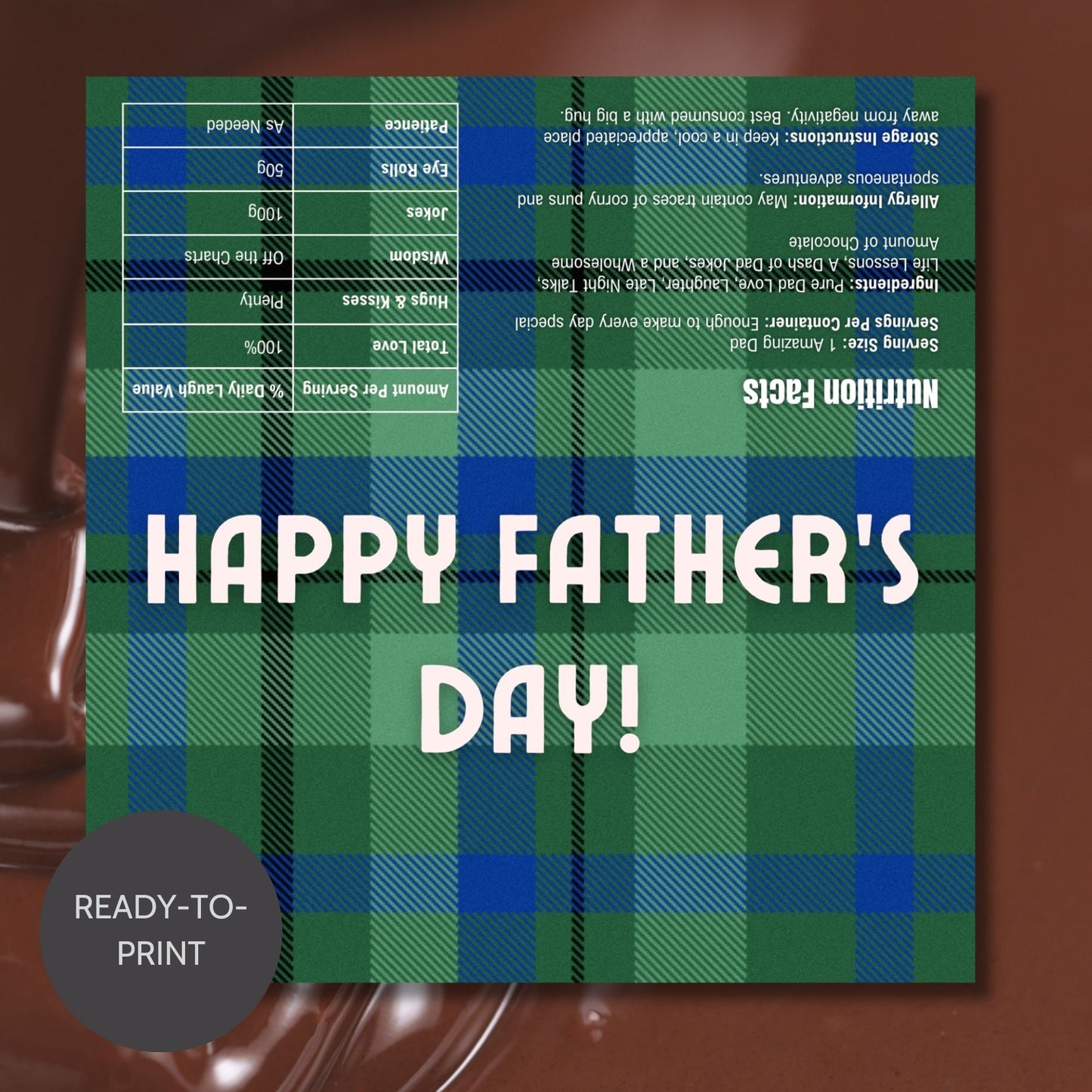 Image of a printable Father's Day chocolate bar wrapper featuring a classic blue and green plaid design with the greeting "HAPPY FATHER'S DAY!" prominently displayed.