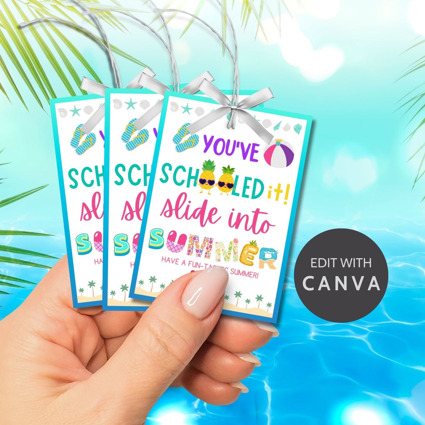 Bright summer gift tags with beach and school icons and text Youve Schooled It! Slide into Summer. Have a Fun-tastic Summer! Personalize with names.