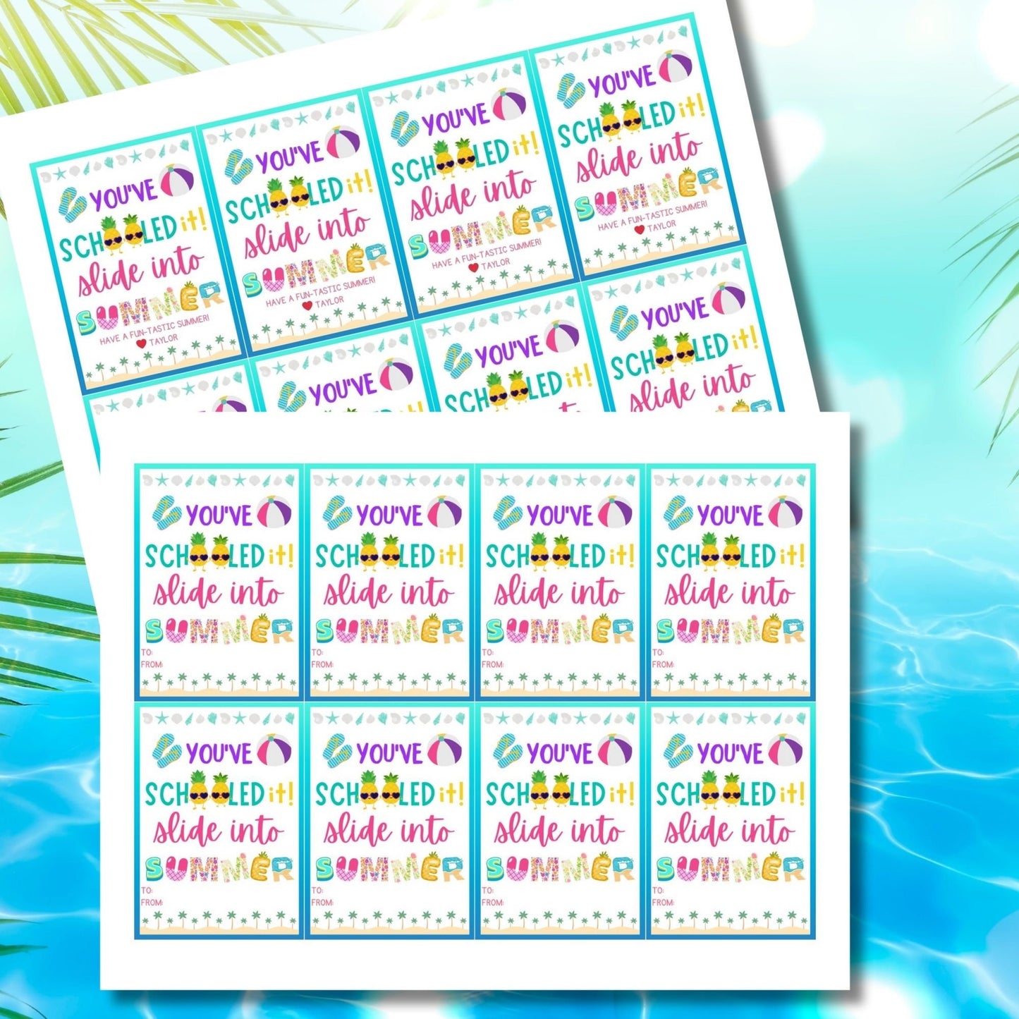 Bright summer gift tags with beach and school icons and text Youve Schooled It! Slide into Summer. Have a Fun-tastic Summer! Personalize with names.