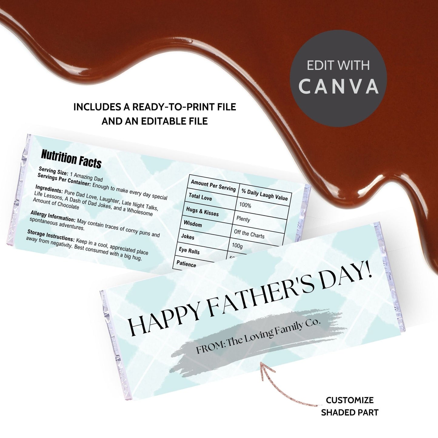 Image of a printable Father's Day chocolate bar wrapper in a pastel blue checkered pattern with "HAPPY FATHER'S DAY!" written boldly across the front.