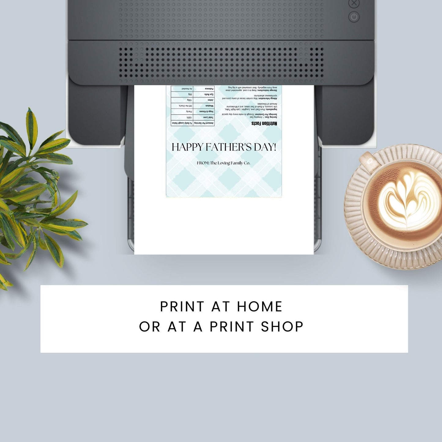 Image of a printable Fathers Day chocolate bar wrapper in a pastel blue checkered pattern with HAPPY FATHERS DAY! written boldly across the front.