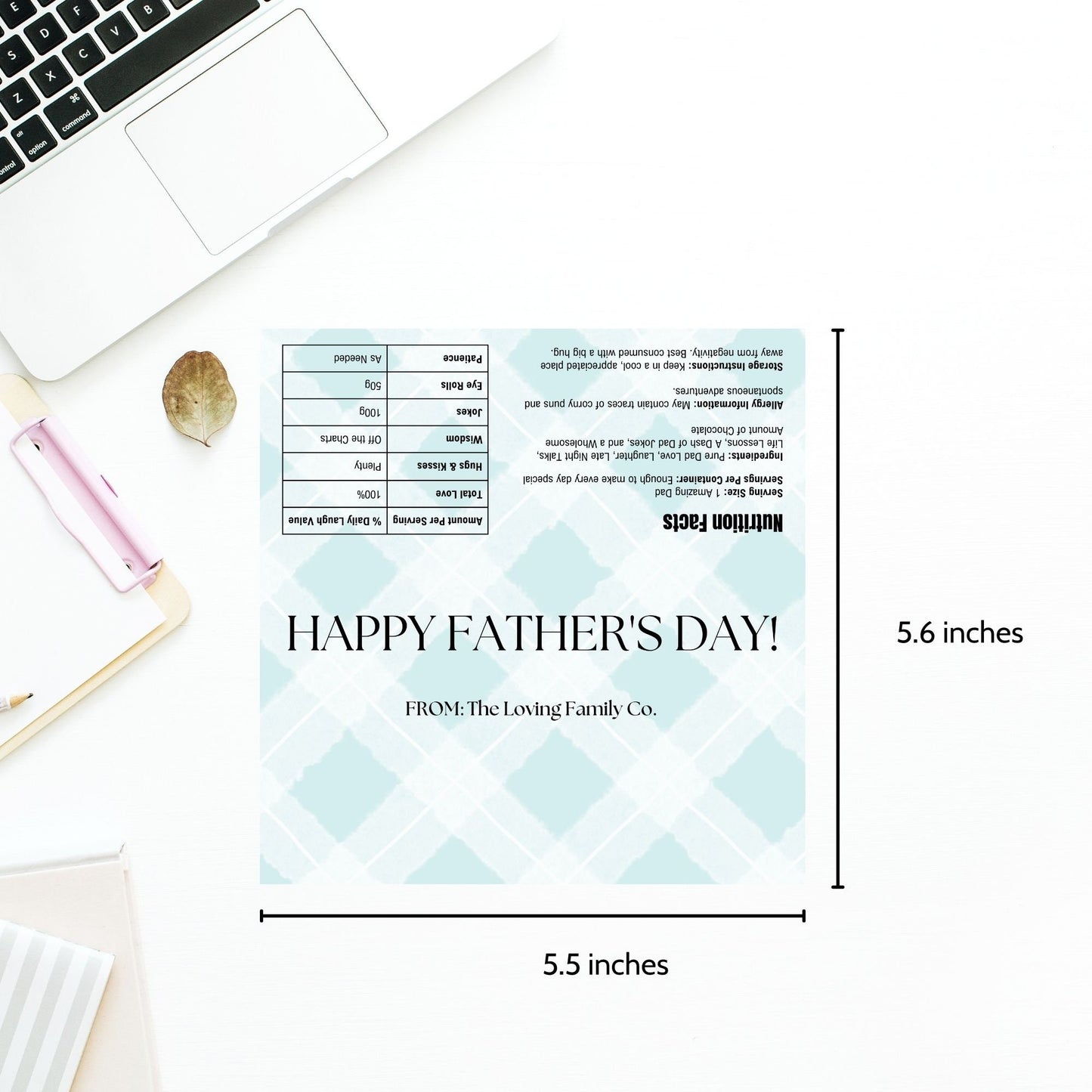 Image of a printable Fathers Day chocolate bar wrapper in a pastel blue checkered pattern with HAPPY FATHERS DAY! written boldly across the front.