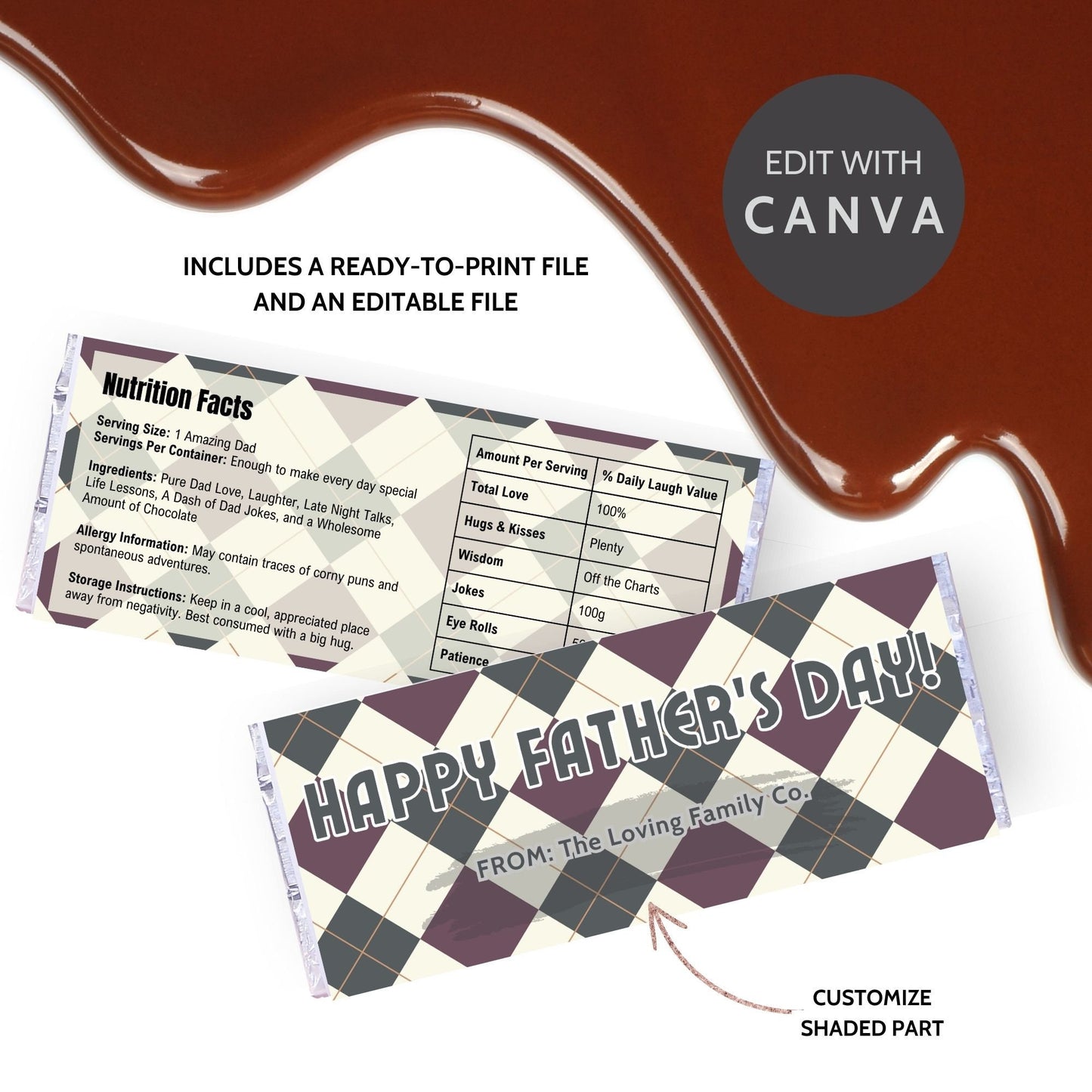 Image of a printable Father's Day chocolate bar wrapper in a sophisticated forest green and maroon plaid design with the greeting "HAPPY FATHER'S DAY!" prominently displayed.