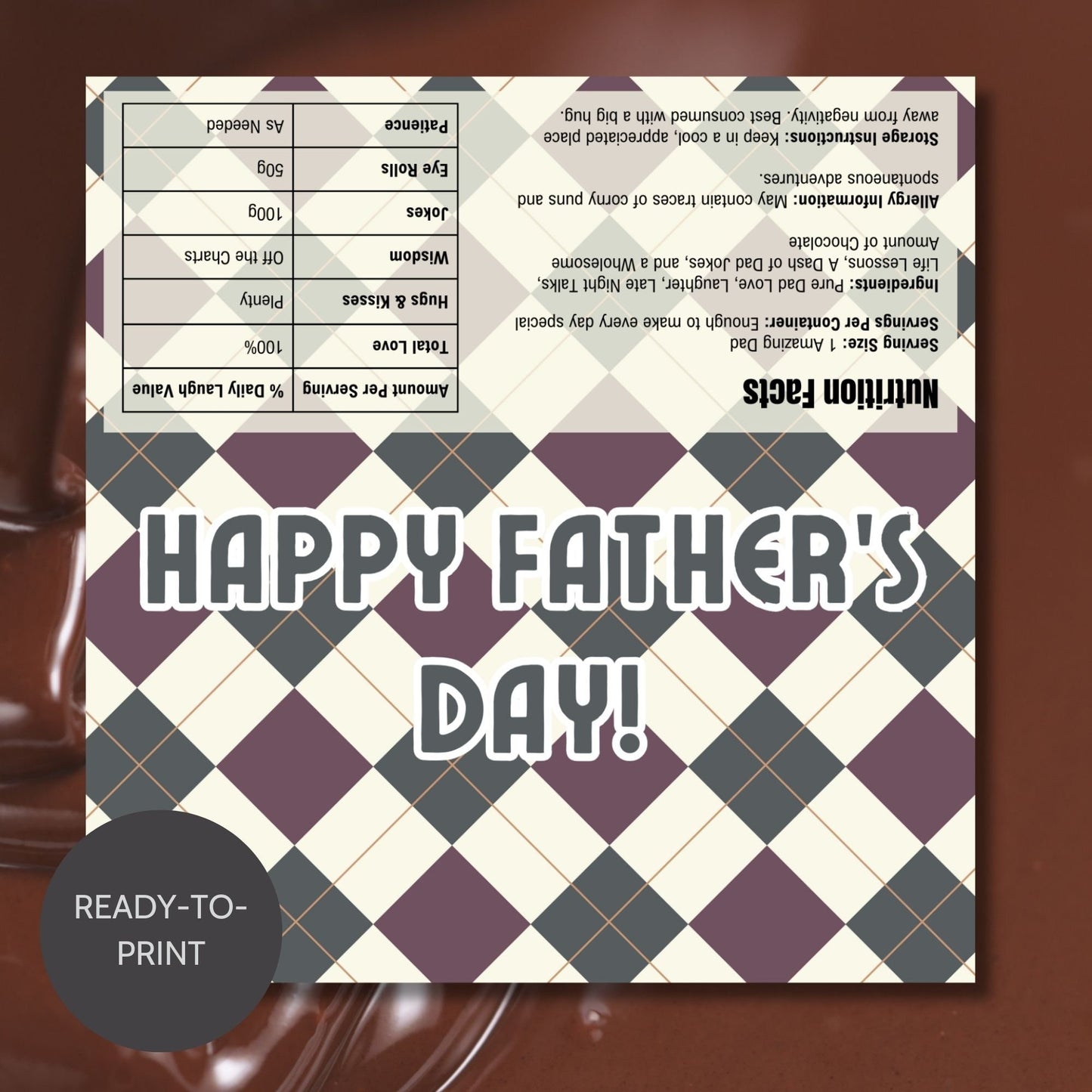 Image of a printable Father's Day chocolate bar wrapper in a sophisticated forest green and maroon plaid design with the greeting "HAPPY FATHER'S DAY!" prominently displayed.