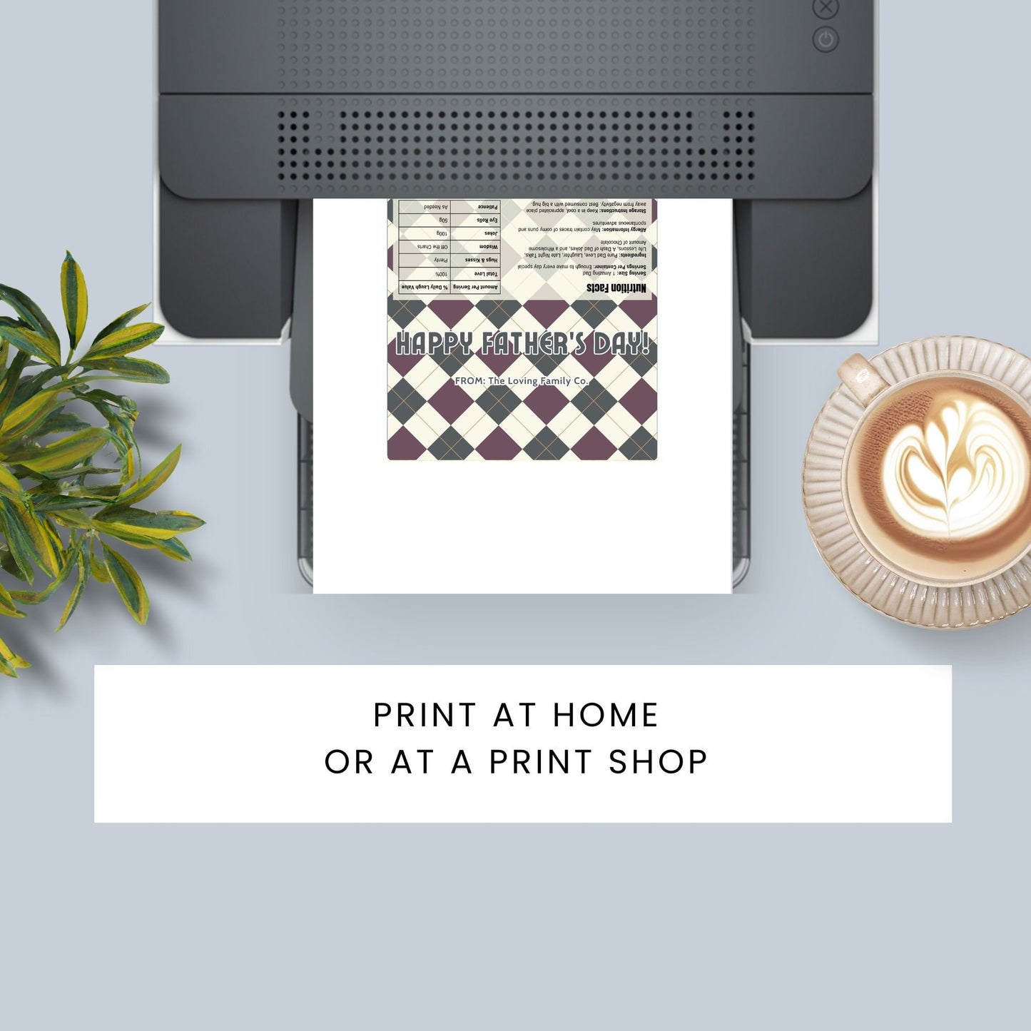 Image of a printable Father's Day chocolate bar wrapper in a sophisticated forest green and maroon plaid design with the greeting "HAPPY FATHER'S DAY!" prominently displayed.