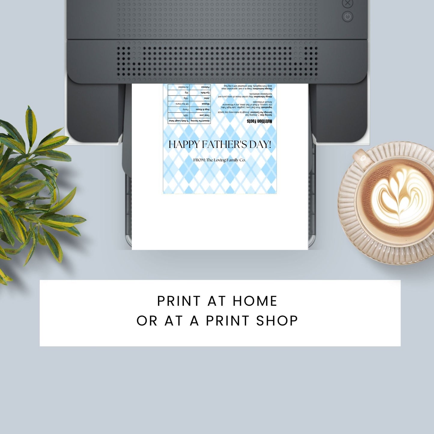 Image of a printable Fathers Day chocolate bar wrapper in a light blue plaid design with the text HAPPY FATHERS DAY! prominently displayed.