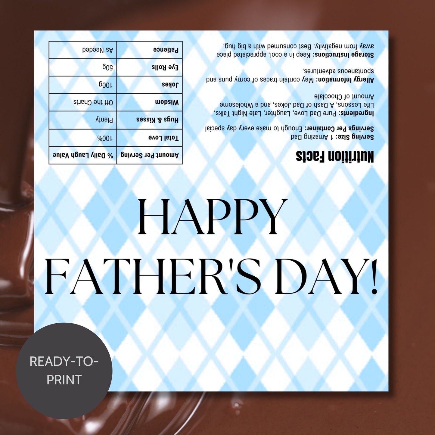Image of a printable Fathers Day chocolate bar wrapper in a light blue plaid design with the text HAPPY FATHERS DAY! prominently displayed.