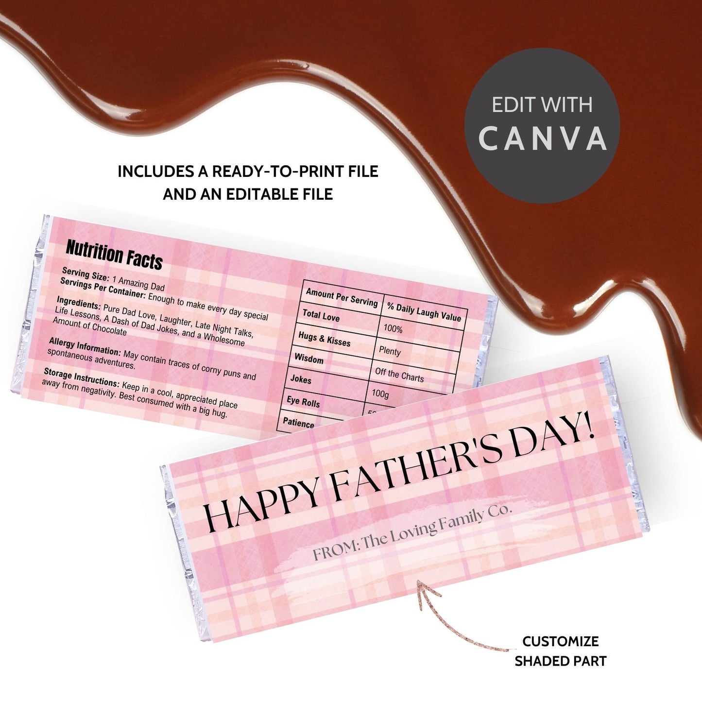 Image of a printable Fathers Day chocolate bar wrapper in a light pink plaid design with HAPPY FATHERS DAY! prominently displayed.