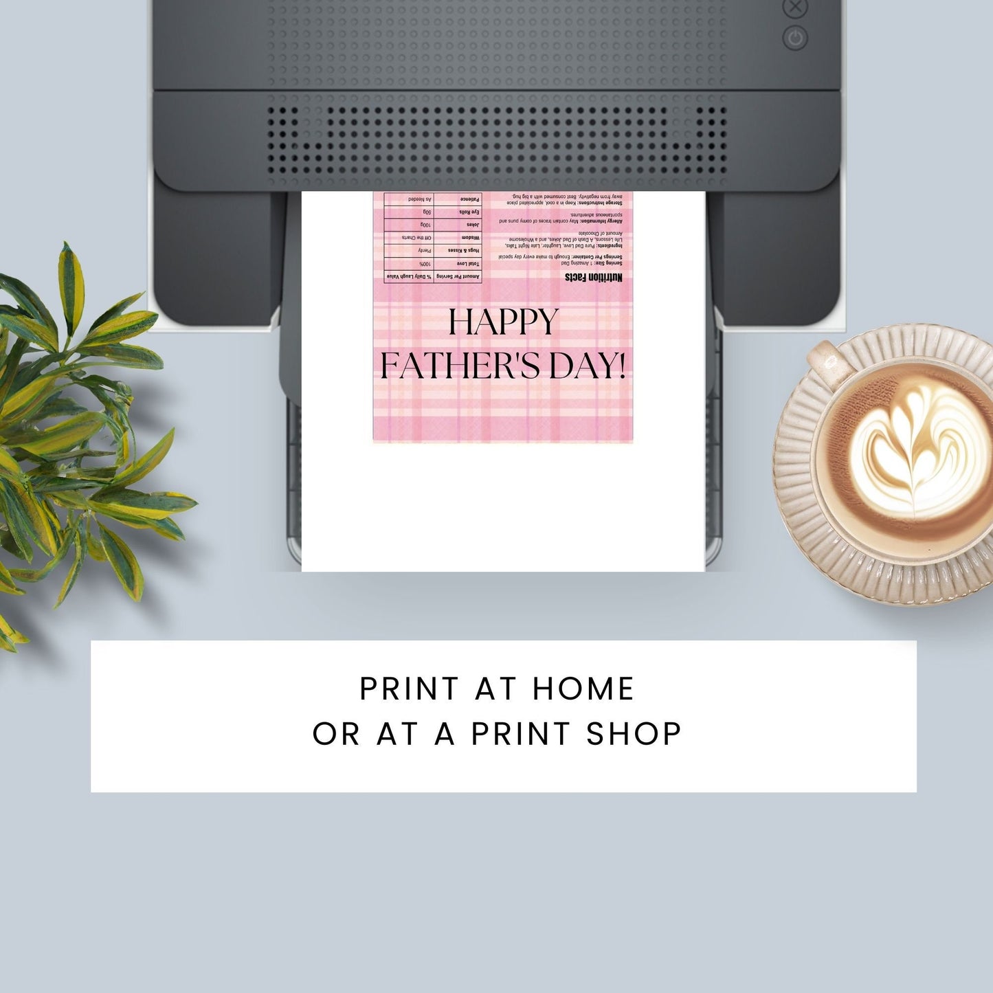 Image of a printable Fathers Day chocolate bar wrapper in a light pink plaid design with HAPPY FATHERS DAY! prominently displayed.