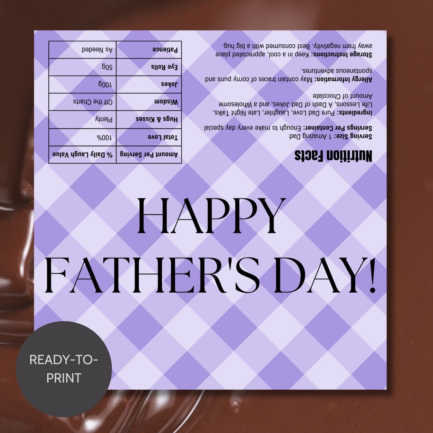 Image of a printable Fathers Day chocolate bar wrapper in a soothing lavender plaid design with the phrase HAPPY FATHERS DAY! prominently displayed.