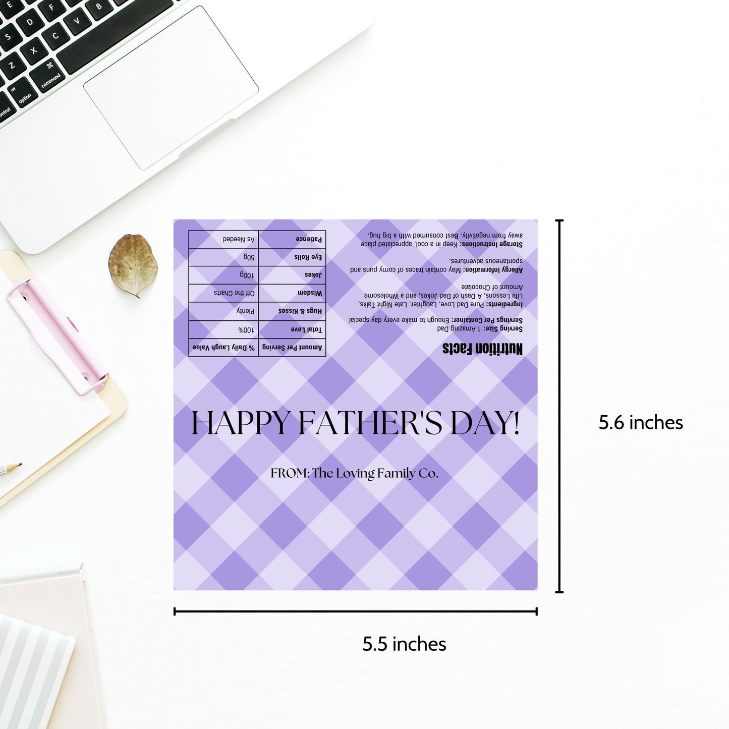 Image of a printable Fathers Day chocolate bar wrapper in a soothing lavender plaid design with the phrase HAPPY FATHERS DAY! prominently displayed.