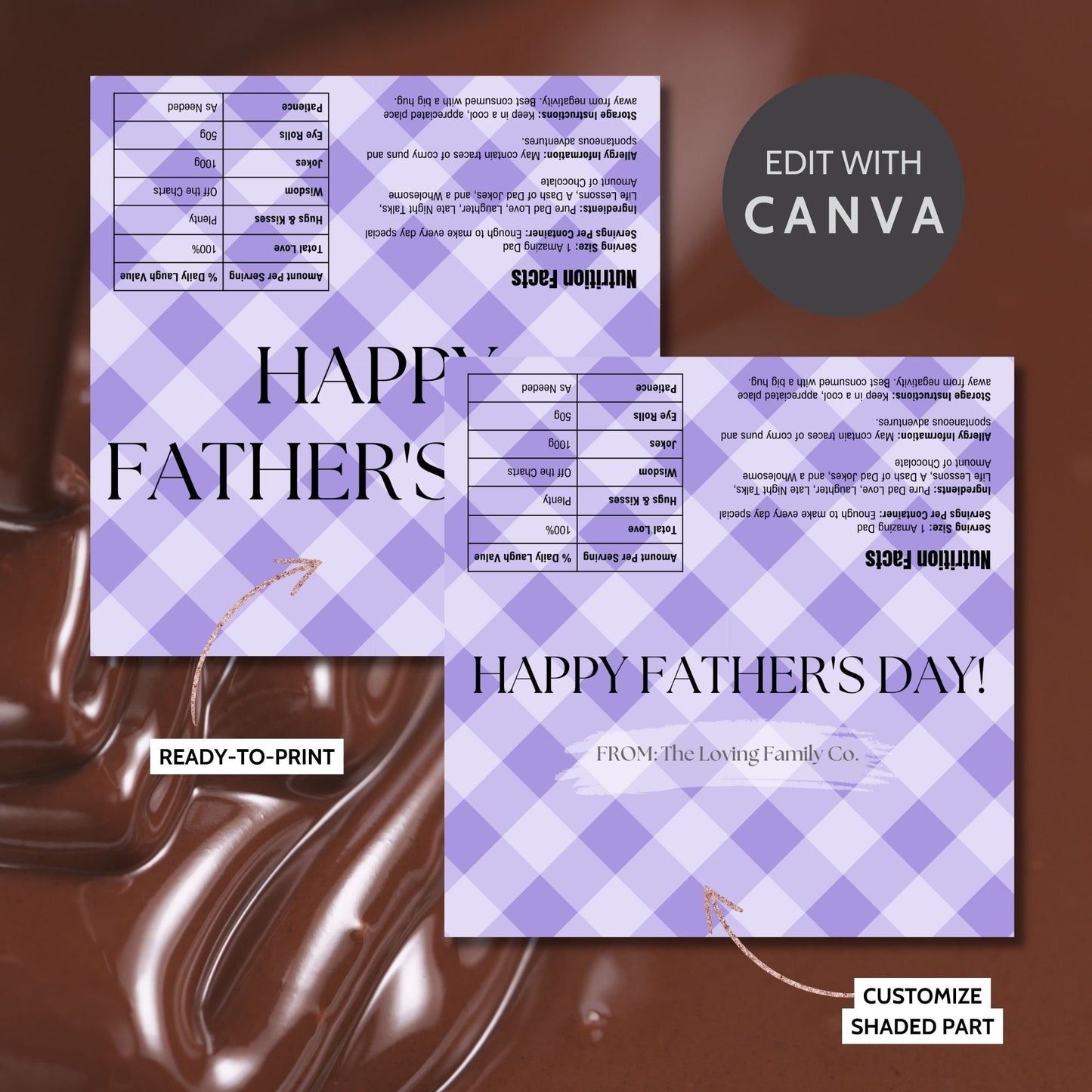 Image of a printable Fathers Day chocolate bar wrapper in a soothing lavender plaid design with the phrase HAPPY FATHERS DAY! prominently displayed.
