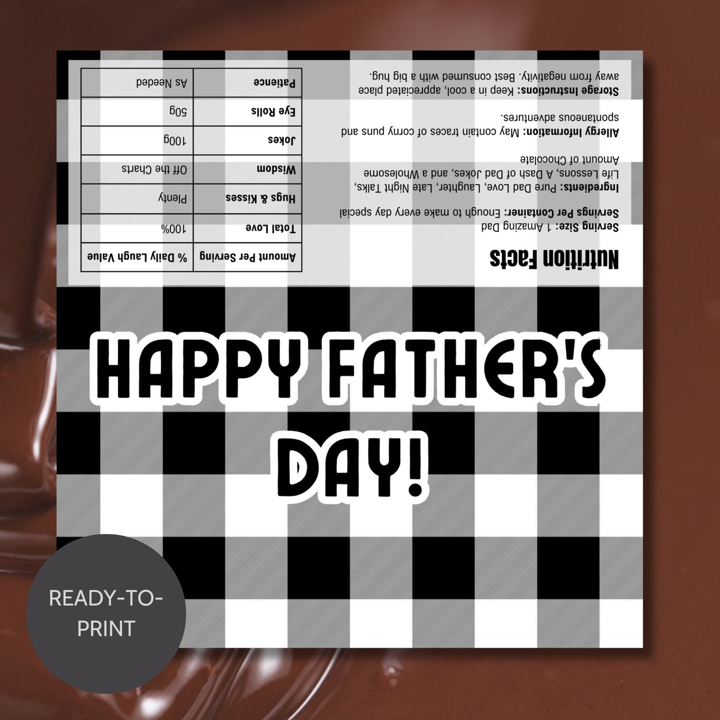 Image of a printable Fathers Day chocolate bar wrapper featuring a sophisticated black and white plaid design with the greeting HAPPY FATHERS DAY! prominently displayed.
