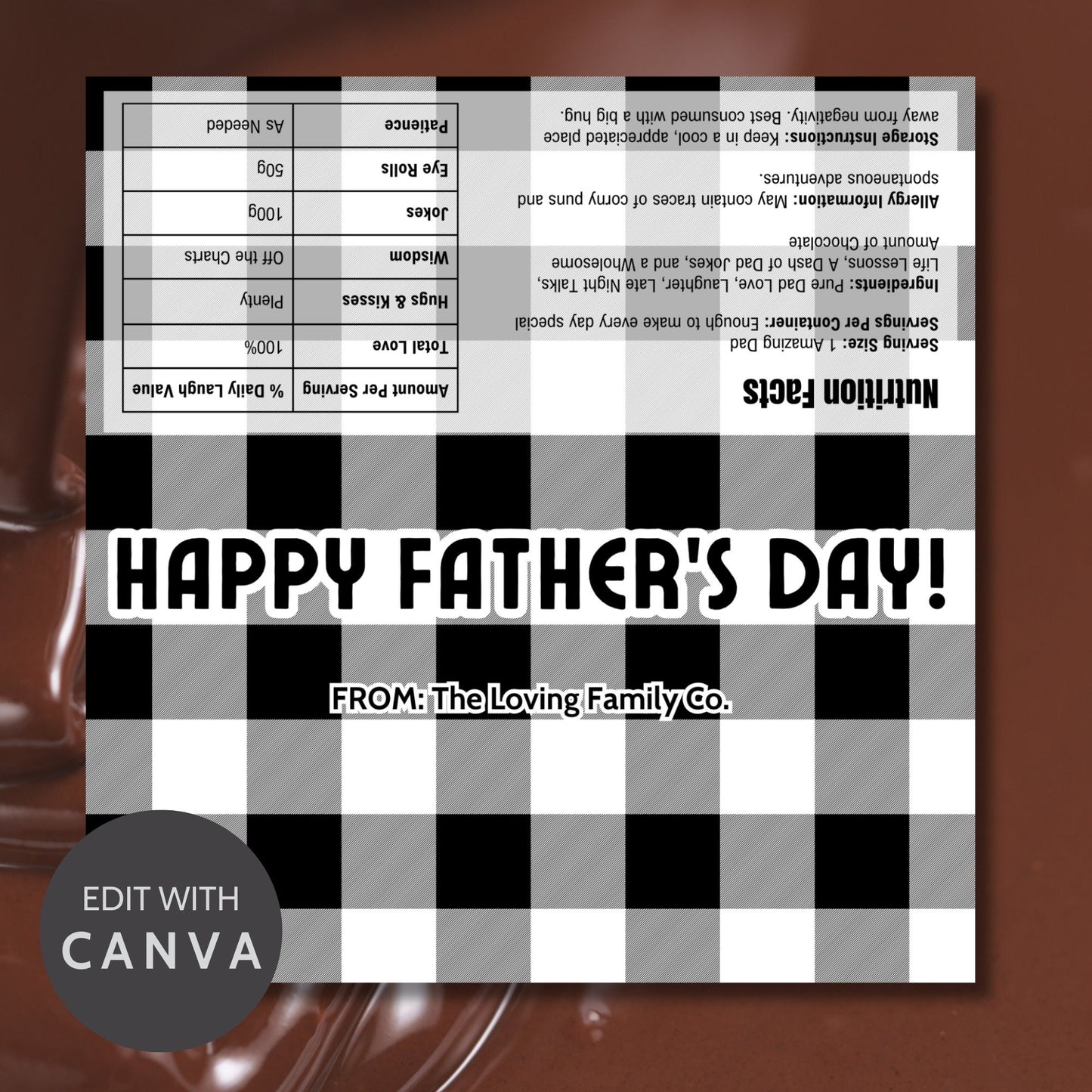 Image of a printable Fathers Day chocolate bar wrapper featuring a sophisticated black and white plaid design with the greeting HAPPY FATHERS DAY! prominently displayed.