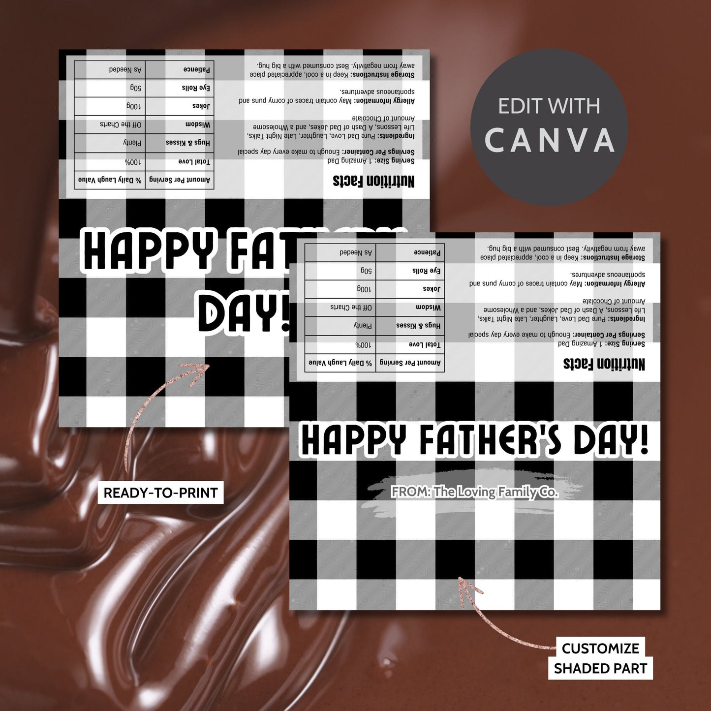 Image of a printable Fathers Day chocolate bar wrapper featuring a sophisticated black and white plaid design with the greeting HAPPY FATHERS DAY! prominently displayed.