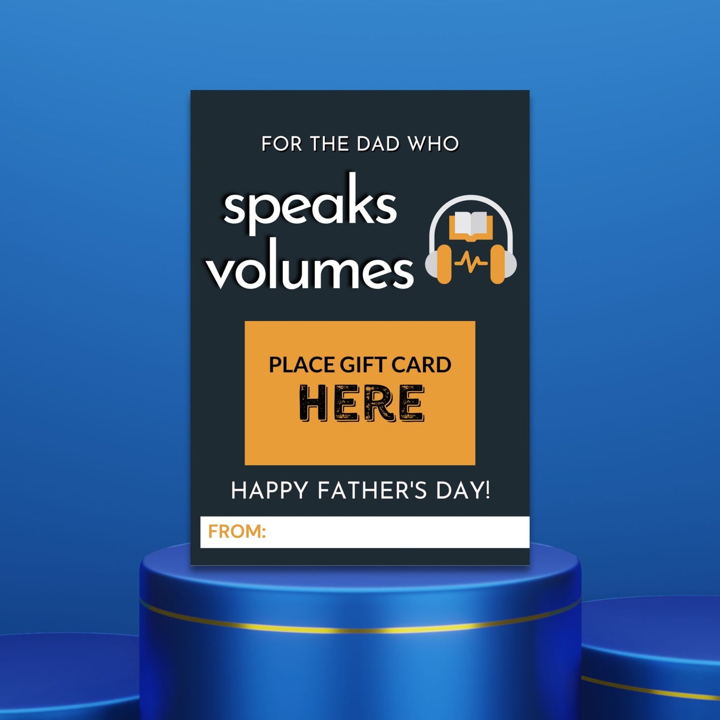Fathers Day card with a For the dad who speaks volumes message, featuring headphones over a book, ideal for pairing with an Audible gift card.