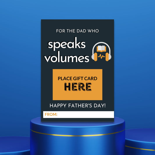 Fathers Day card with a For the dad who speaks volumes message, featuring headphones over a book, ideal for pairing with an Audible gift card.
