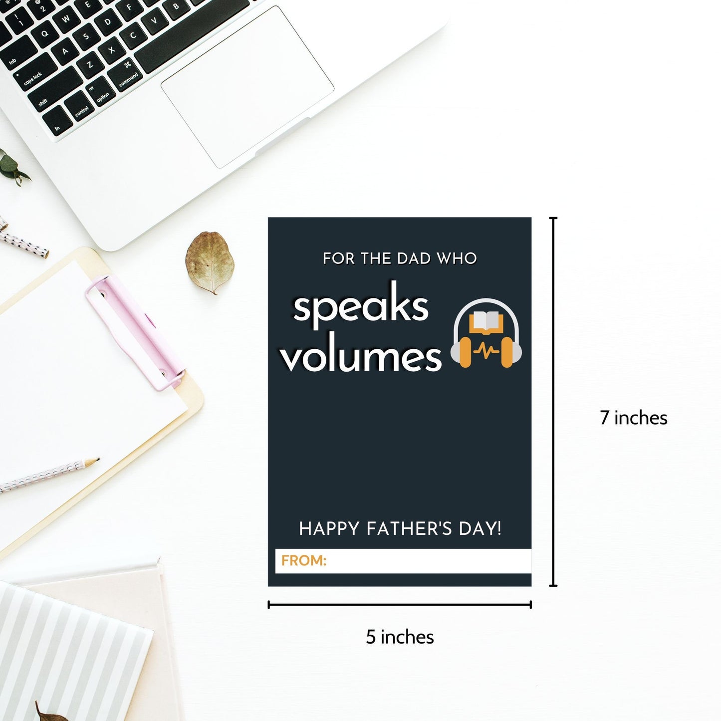 Fathers Day card with a For the dad who speaks volumes message, featuring headphones over a book, ideal for pairing with an Audible gift card.