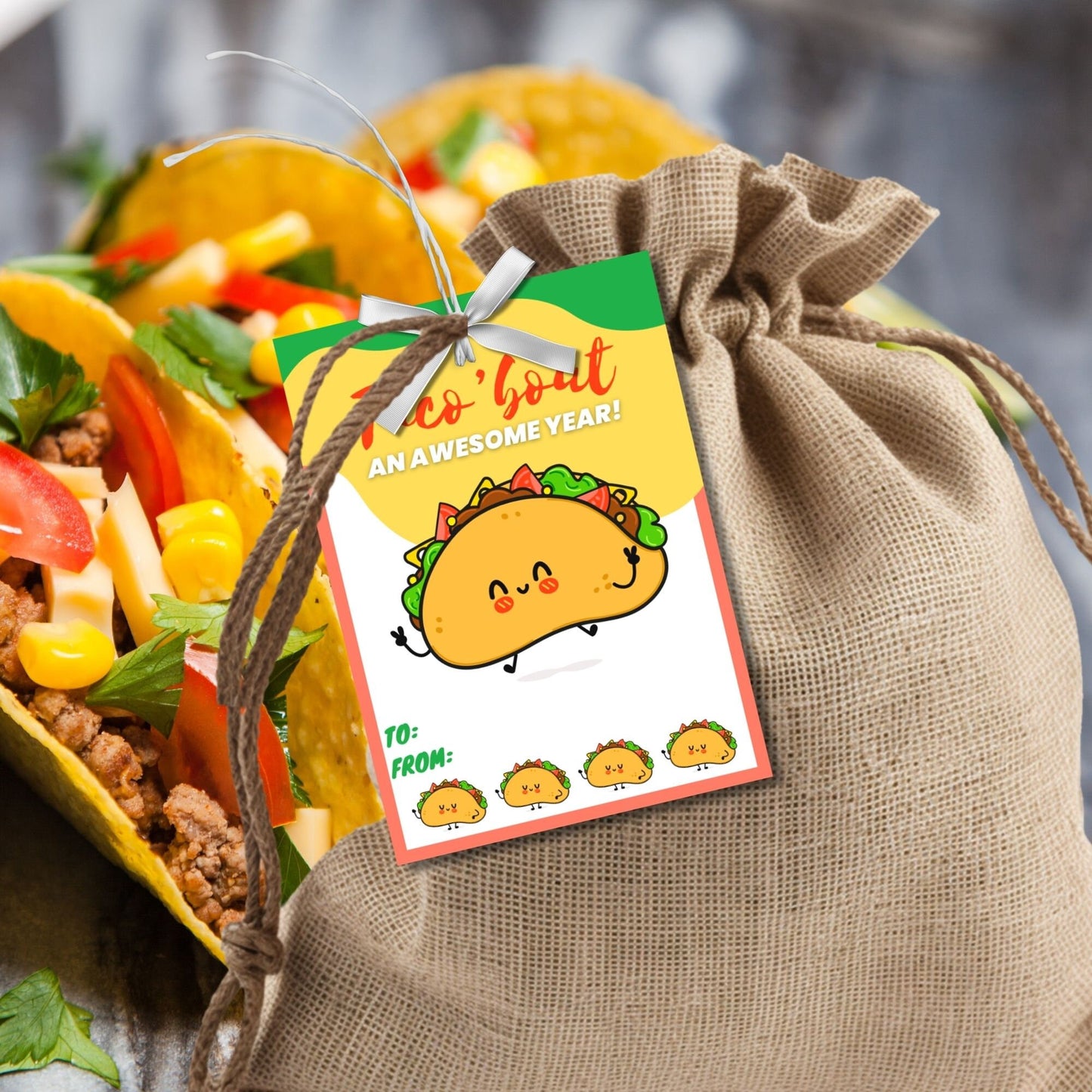 Cheerful summer gift tags featuring a smiling taco, with the text Taco Bout an Awesome Year! Have a Taco-riffic Summer! Personalize with names.