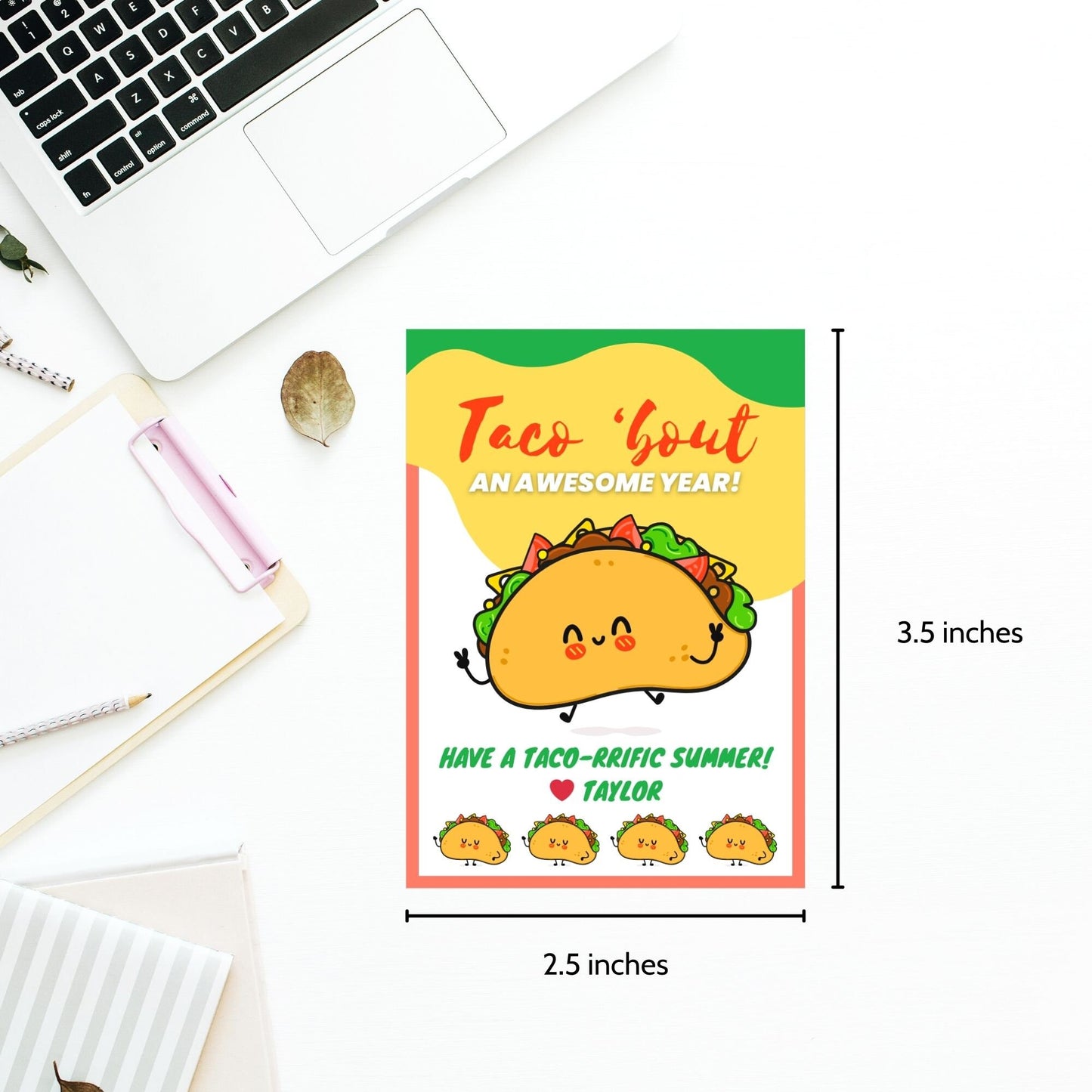 Cheerful summer gift tags featuring a smiling taco, with the text Taco Bout an Awesome Year! Have a Taco-riffic Summer! Personalize with names.