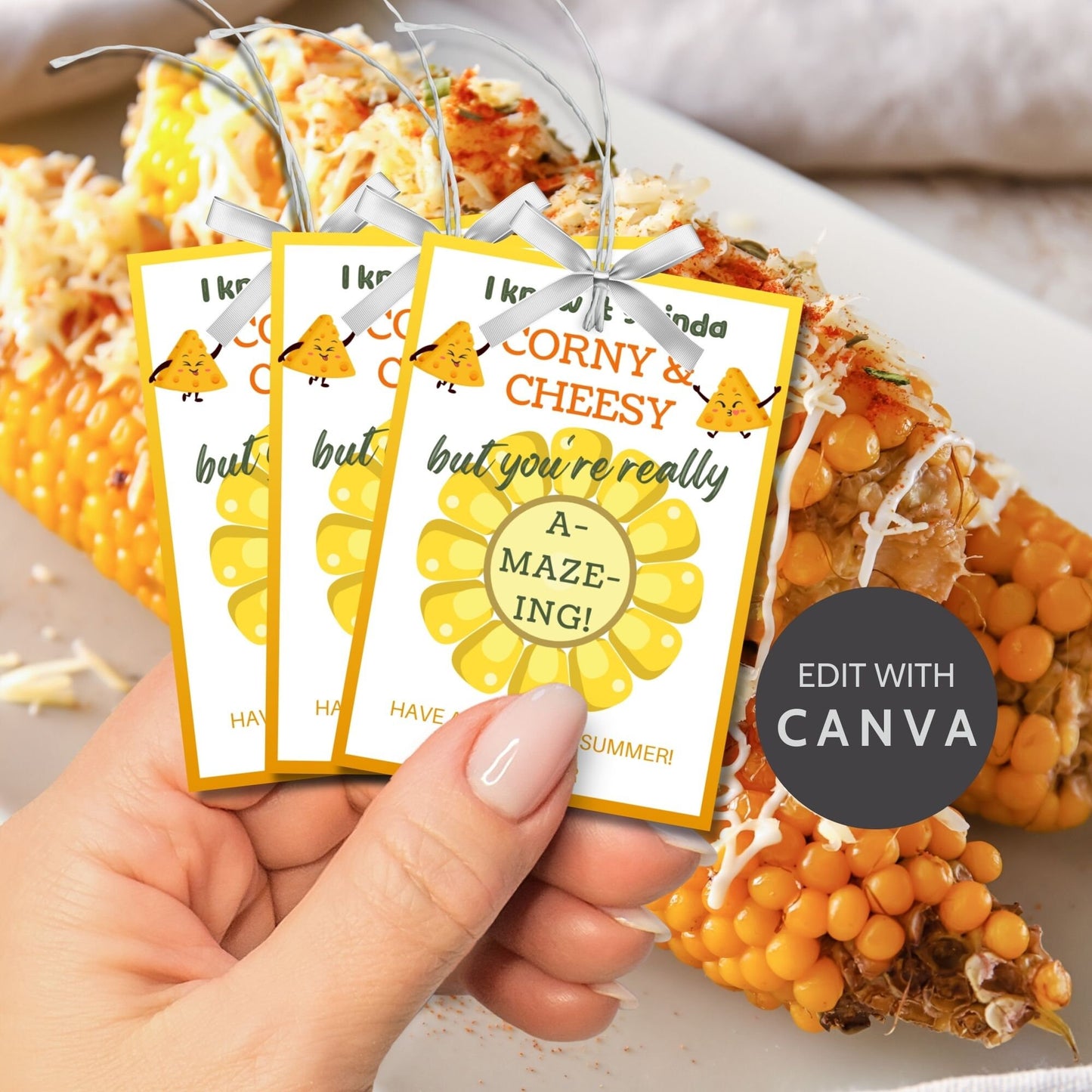 Bright yellow summer gift tags featuring a cheese wheel maze, with playful text I know it's kinda corny & cheesy but you're really a-maze-ing! Have a maze-ical summer! Personalize with names.