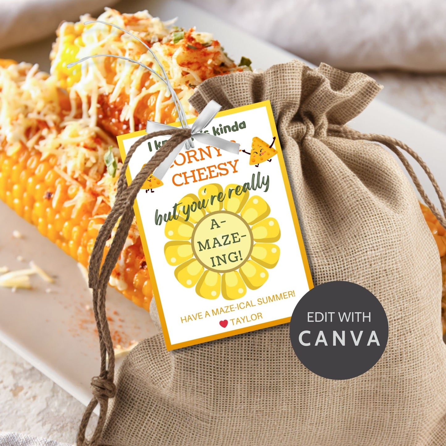Bright yellow summer gift tags featuring a cheese wheel maze, with playful text I know it's kinda corny & cheesy but you're really a-maze-ing! Have a maze-ical summer! Personalize with names.