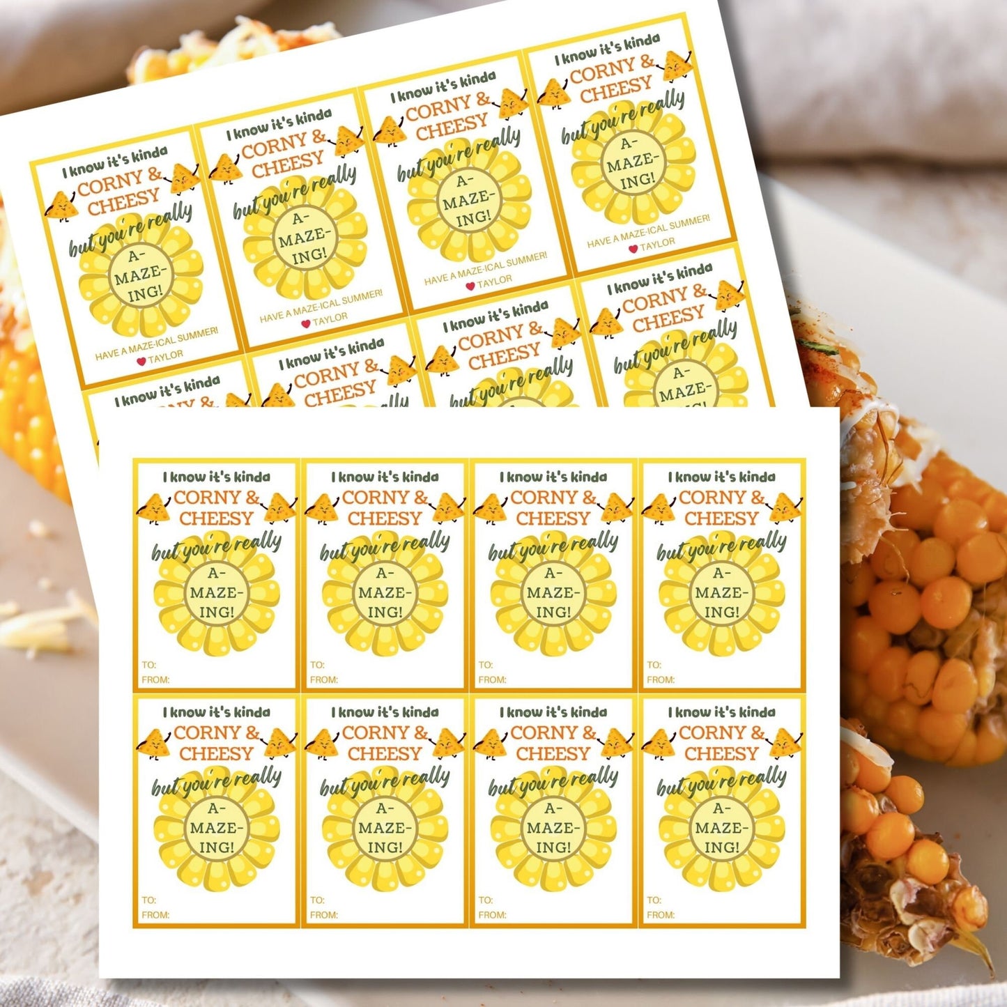 Bright yellow summer gift tags featuring a cheese wheel maze, with playful text I know it's kinda corny & cheesy but you're really a-maze-ing! Have a maze-ical summer! Personalize with names.