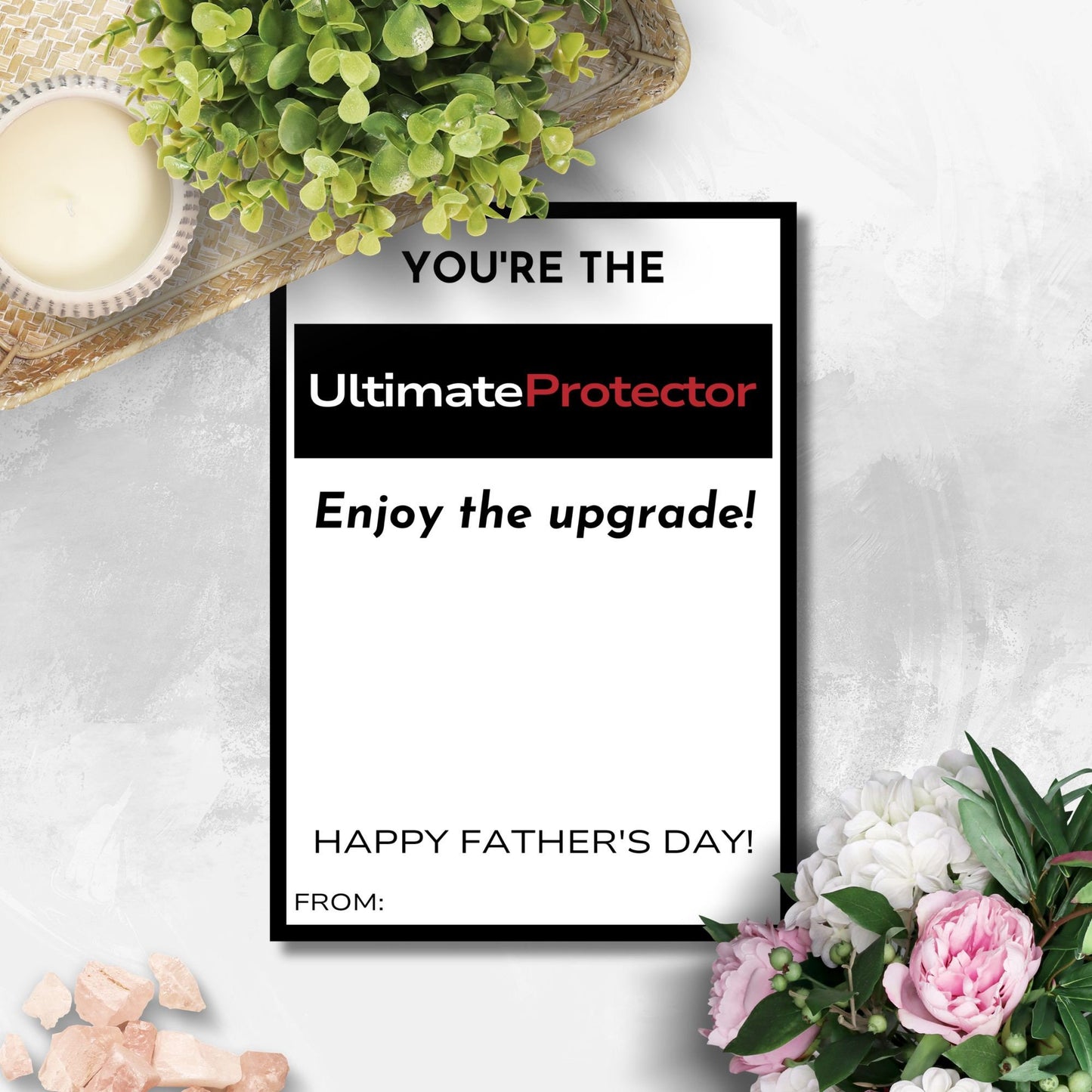 Fathers Day card with Youre the Ultimate Protector! Enjoy the upgrade! message, ideal for pairing with a WeatherTech gift card, emphasizing protection and vehicle care.