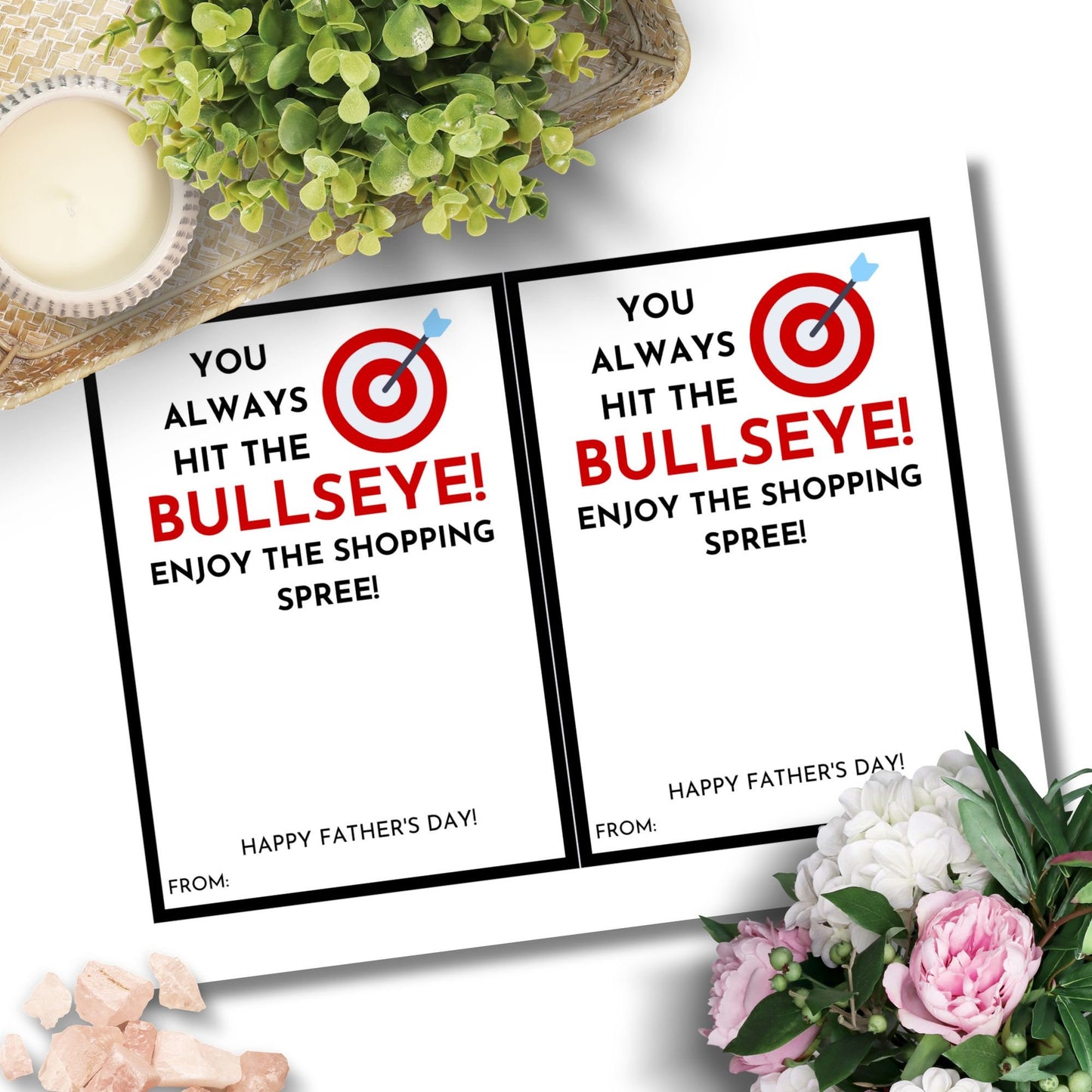 Fathers Day card with You always hit the Bullseye! Enjoy the shopping spree! message and Targets bullseye symbol, ideal for pairing with a Target gift card.
