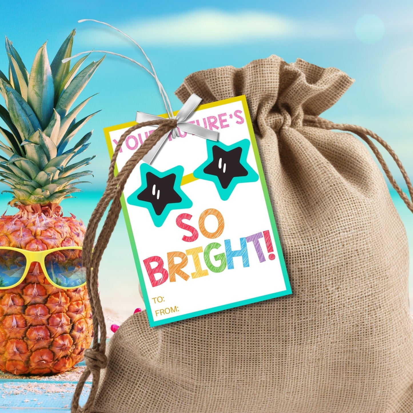 Colorful summer gift tags with a star motif and vibrant text reading Your Futures So Bright! Have a Dazzling Summer! Personalize with names.