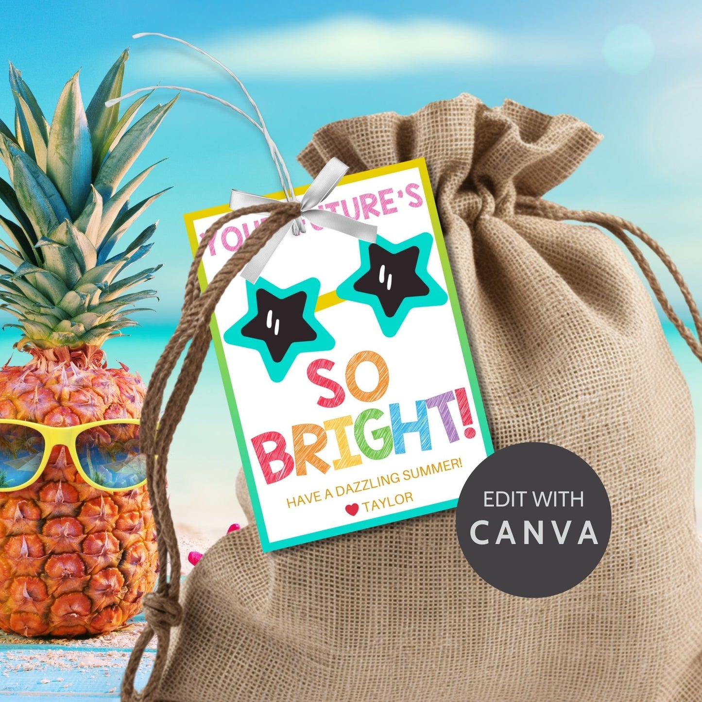 Colorful summer gift tags with a star motif and vibrant text reading Your Futures So Bright! Have a Dazzling Summer! Personalize with names.