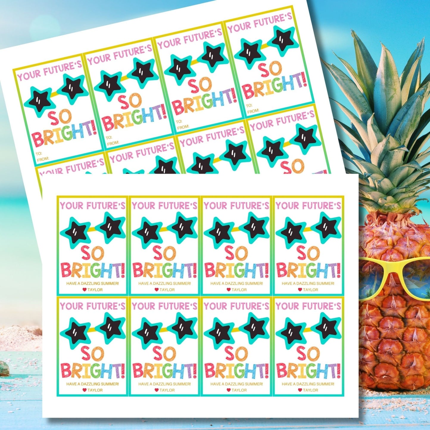 Colorful summer gift tags with a star motif and vibrant text reading Your Futures So Bright! Have a Dazzling Summer! Personalize with names.
