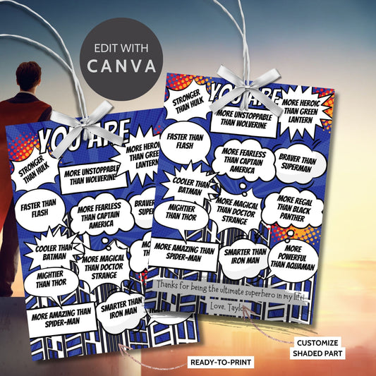 Eight comic superhero-themed Fathers Day gift tags displayed in two rows of four. Each tag features a message about how dad embodies various superhero traits, with a customizable name slot.