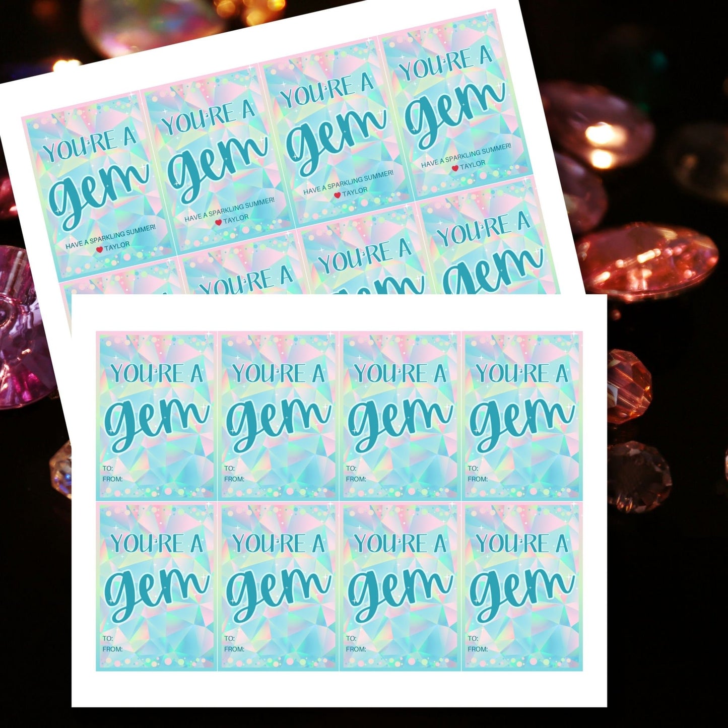 Shimmering summer gift tags featuring a gemstone design with pastel colors, text reads Youre a Gem! Have a Sparkling Summer! Personalize with names.