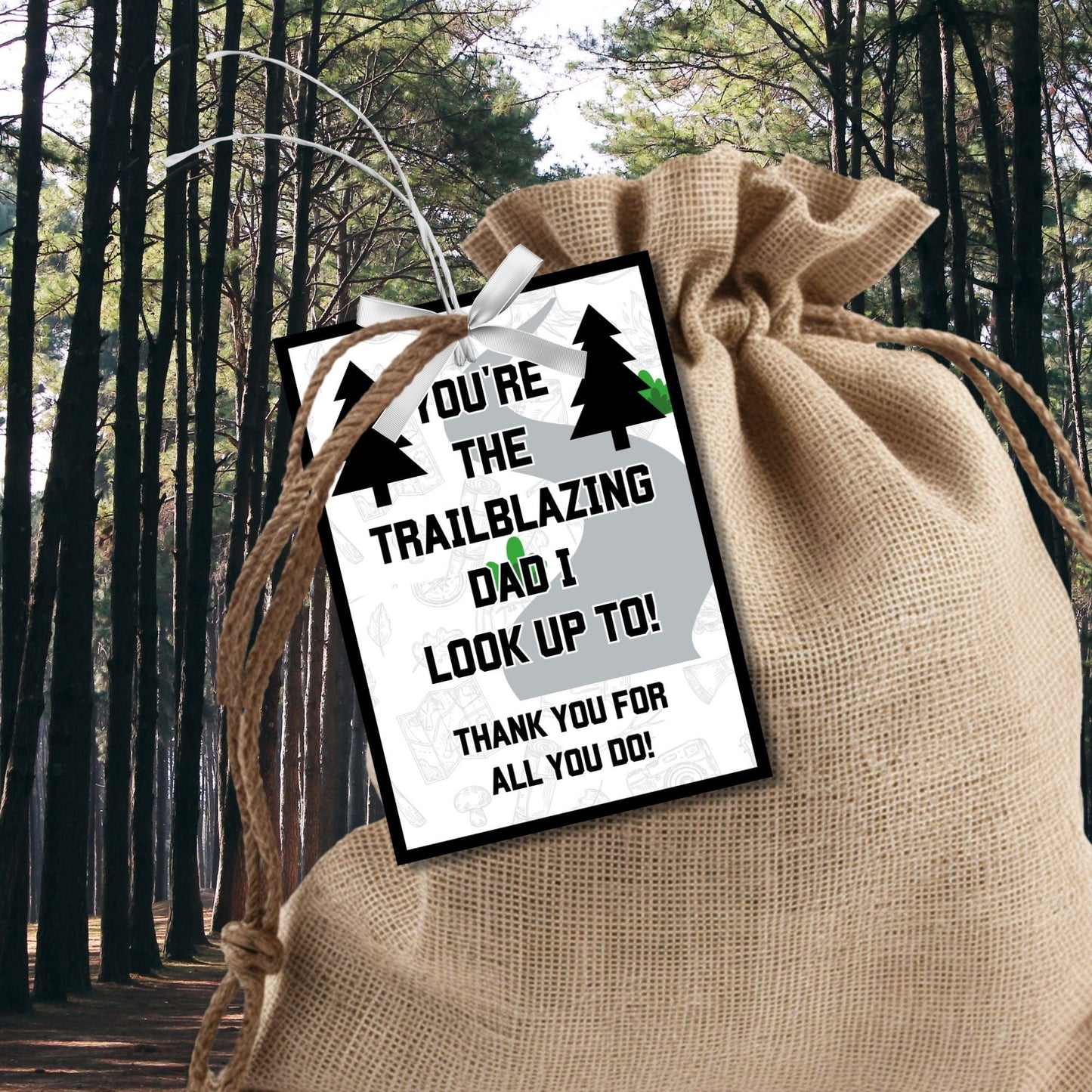 Eight trailblazing dad-themed Father's Day gift tags displayed in two rows of four. Each tag features a message about dad being the trailblazing dad to look up to, with a customizable name slot.