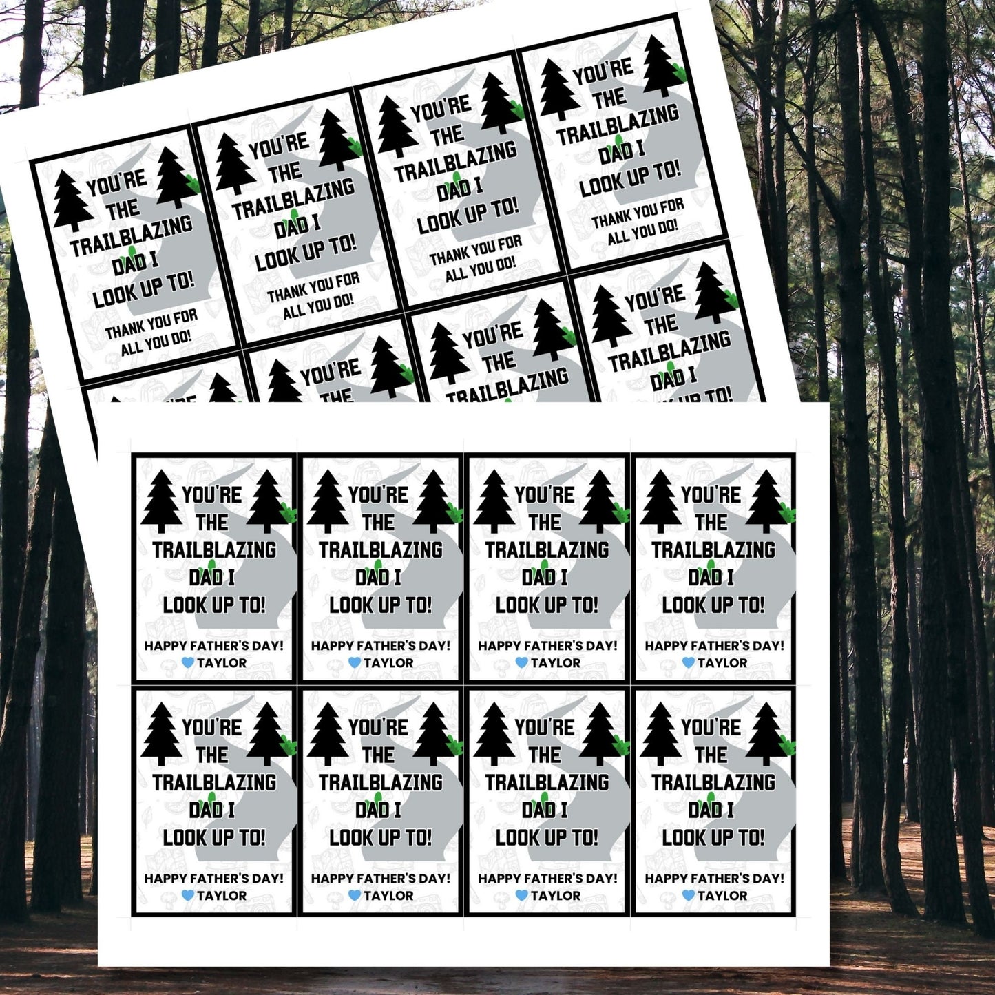 Eight trailblazing dad-themed Father's Day gift tags displayed in two rows of four. Each tag features a message about dad being the trailblazing dad to look up to, with a customizable name slot.