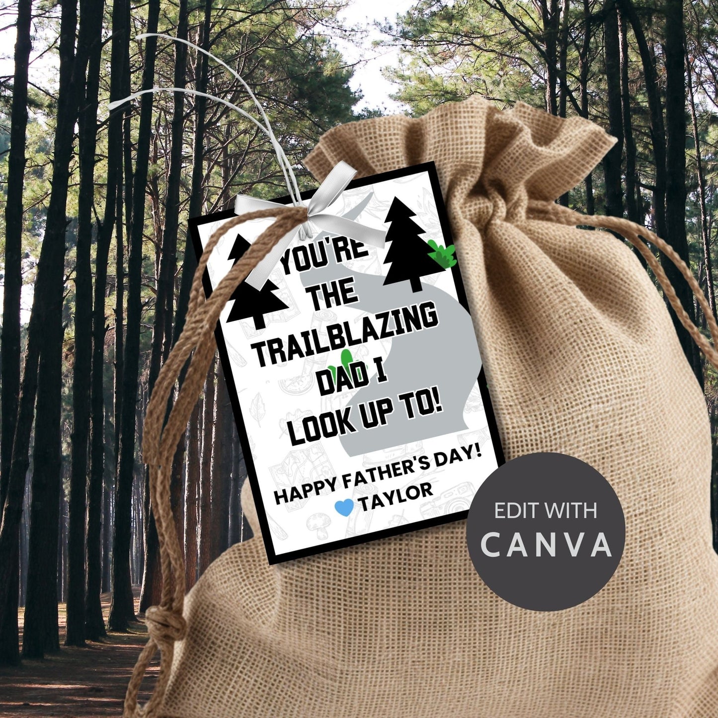 Eight trailblazing dad-themed Father's Day gift tags displayed in two rows of four. Each tag features a message about dad being the trailblazing dad to look up to, with a customizable name slot.