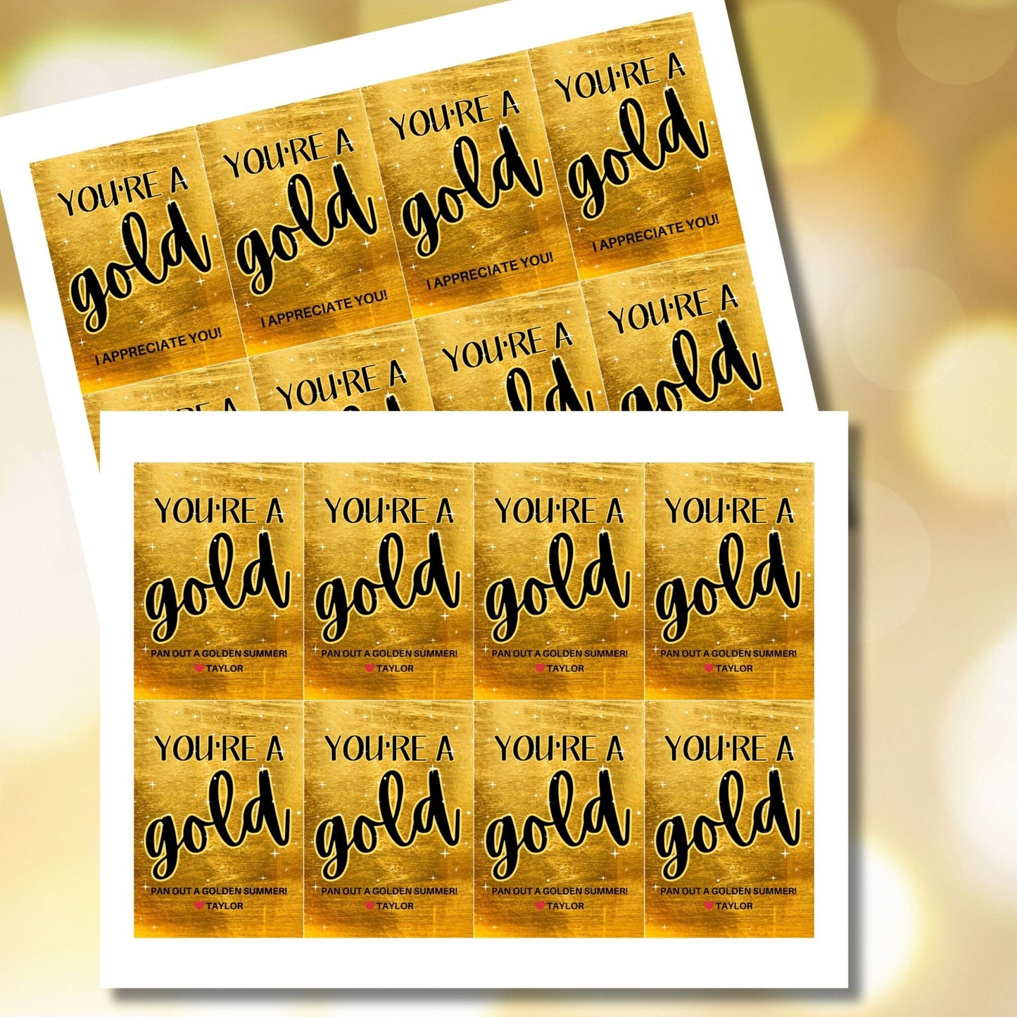 Elegant gold-themed summer gift tags featuring a shimmering background with the text Youre a Gold! Pan Out a Golden Summer! Personalize with names.