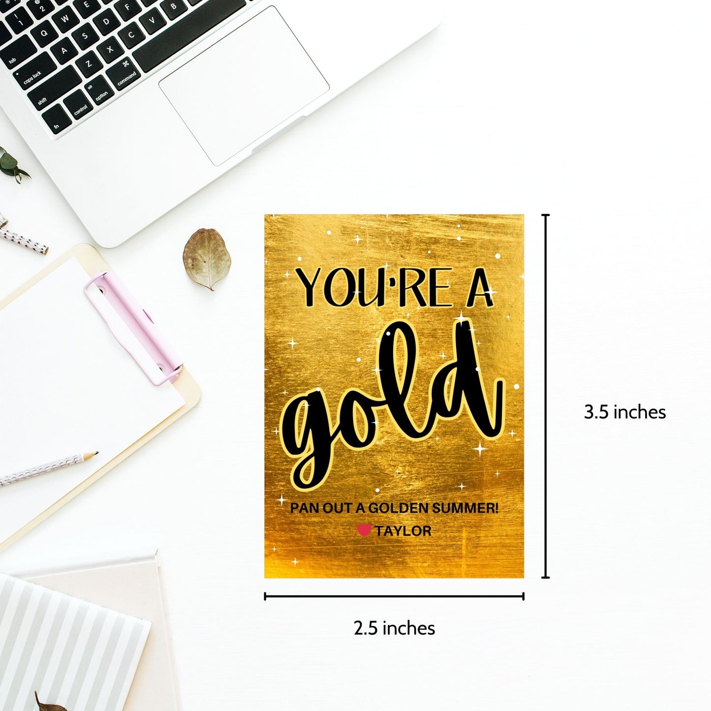 Elegant gold-themed summer gift tags featuring a shimmering background with the text Youre a Gold! Pan Out a Golden Summer! Personalize with names.