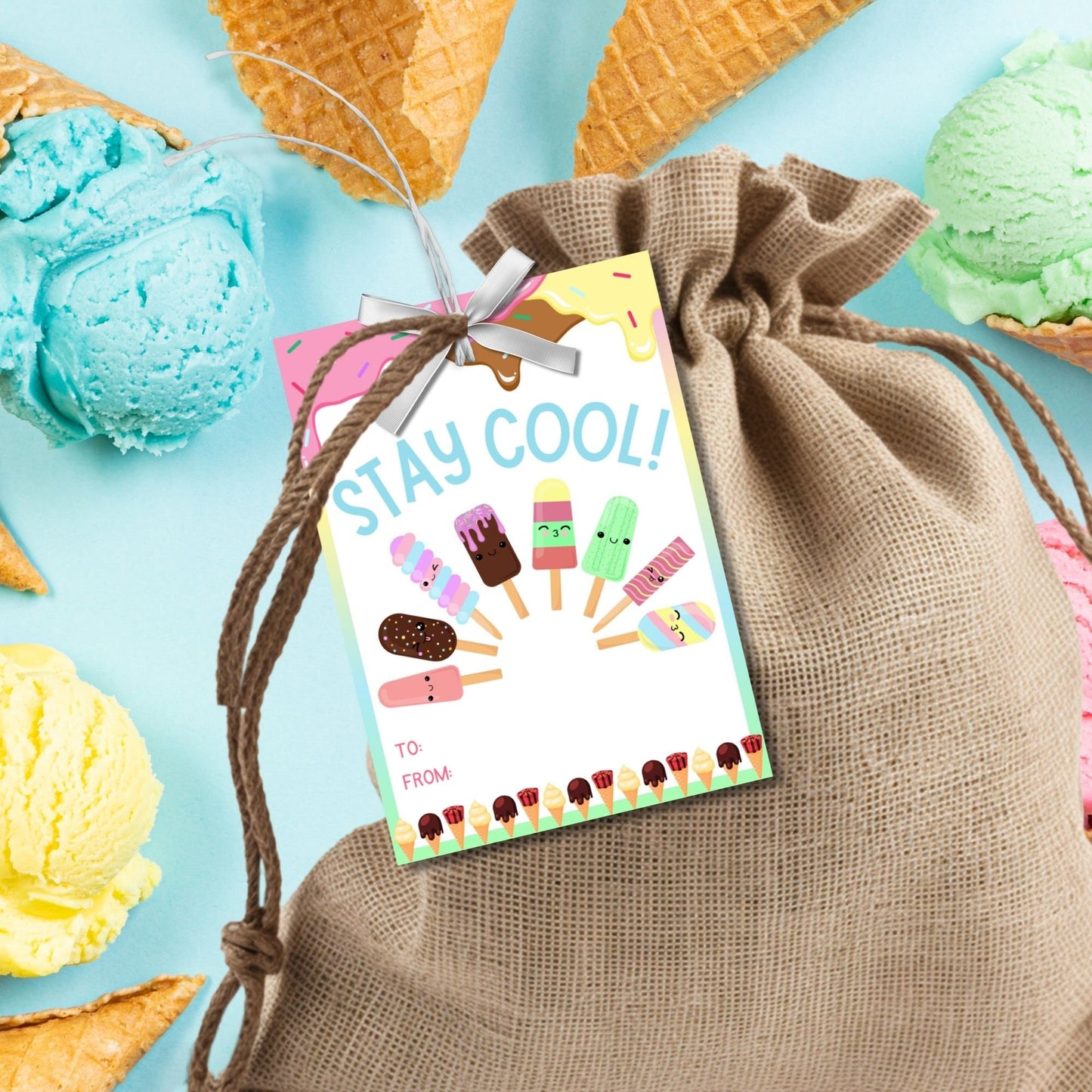 Fun summer gift tags featuring ice cream and popsicle designs with the text Stay Cool! But Dont Let Your Brain Freeze! Personalize with names.